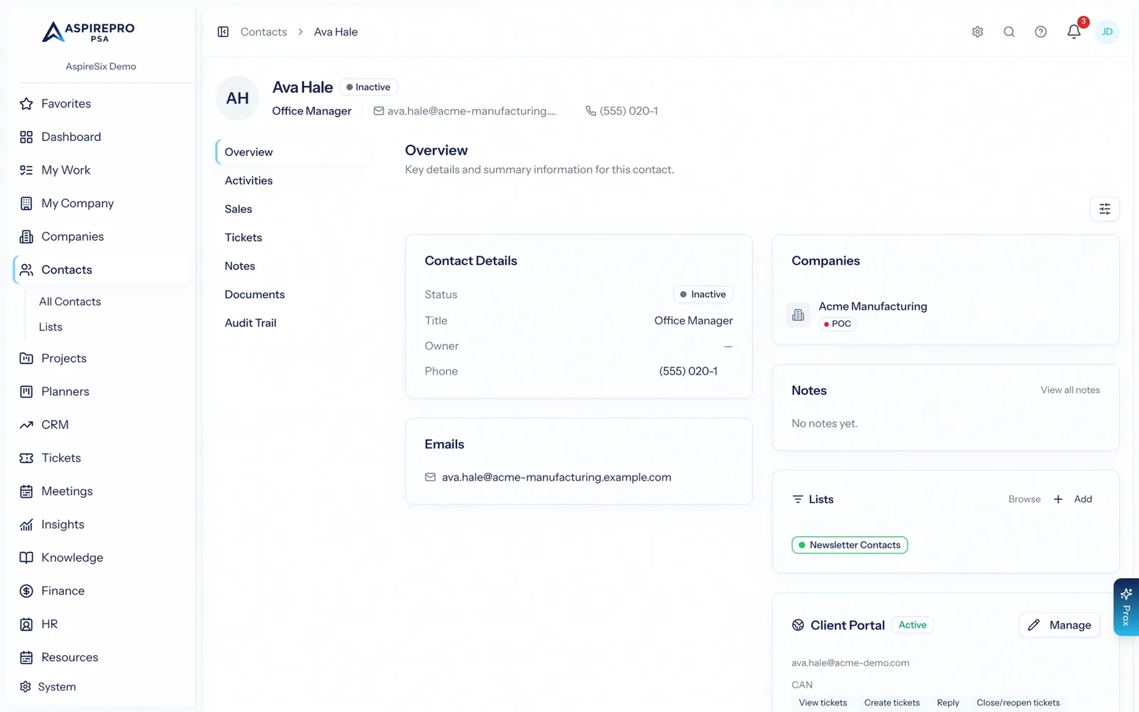 A contact record in AspirePro showing the client portal access card with a manage action