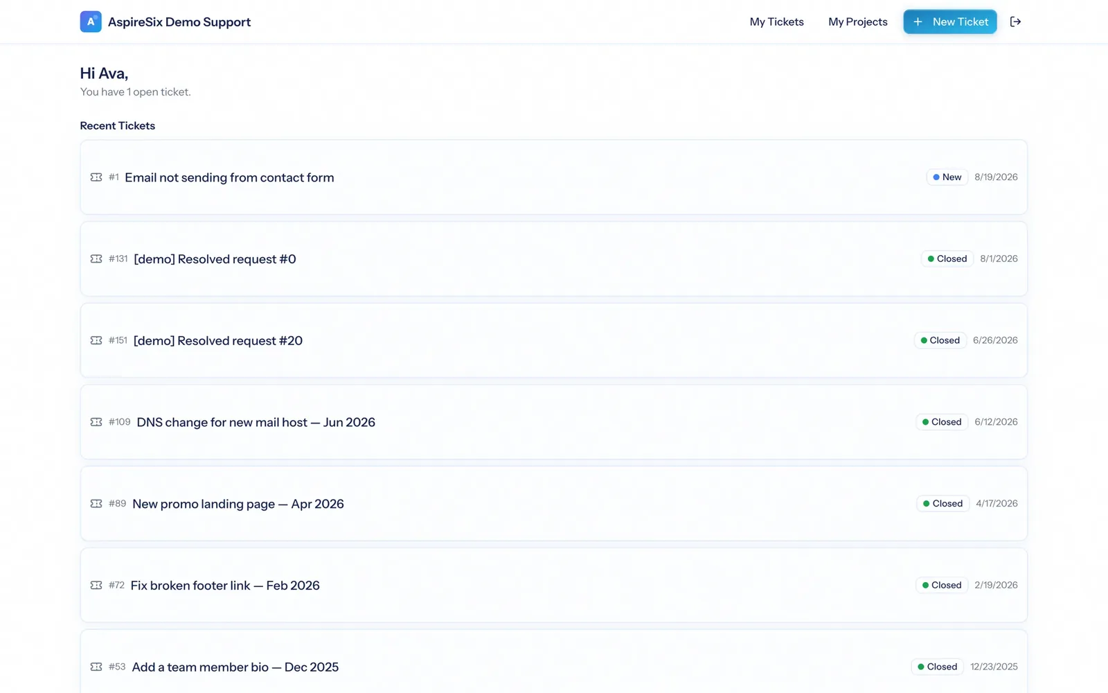 The AspirePro client portal dashboard showing a client's open tickets and visible project tasks