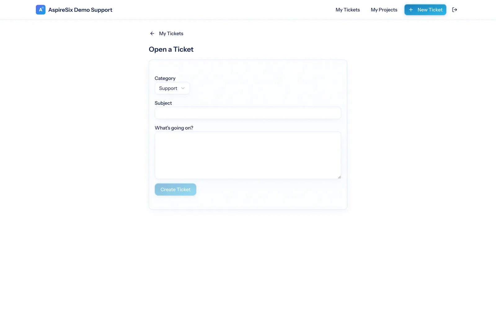 The client portal new ticket form with category, subject and description fields