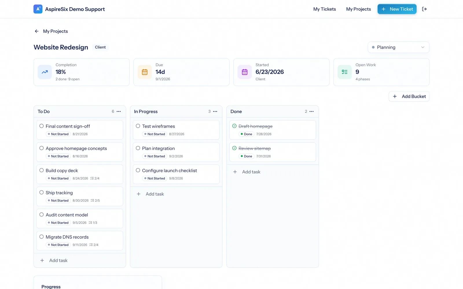 The client portal project view showing To Do, In Progress and Done buckets with client-visible tasks