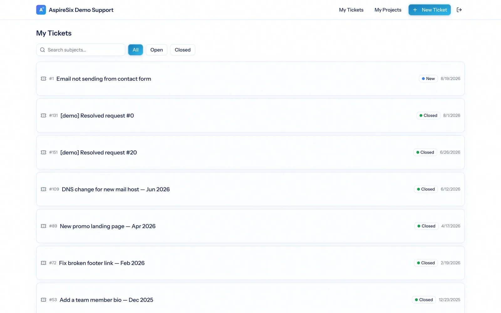 The client portal ticket list showing the client their own tickets with status and last activity