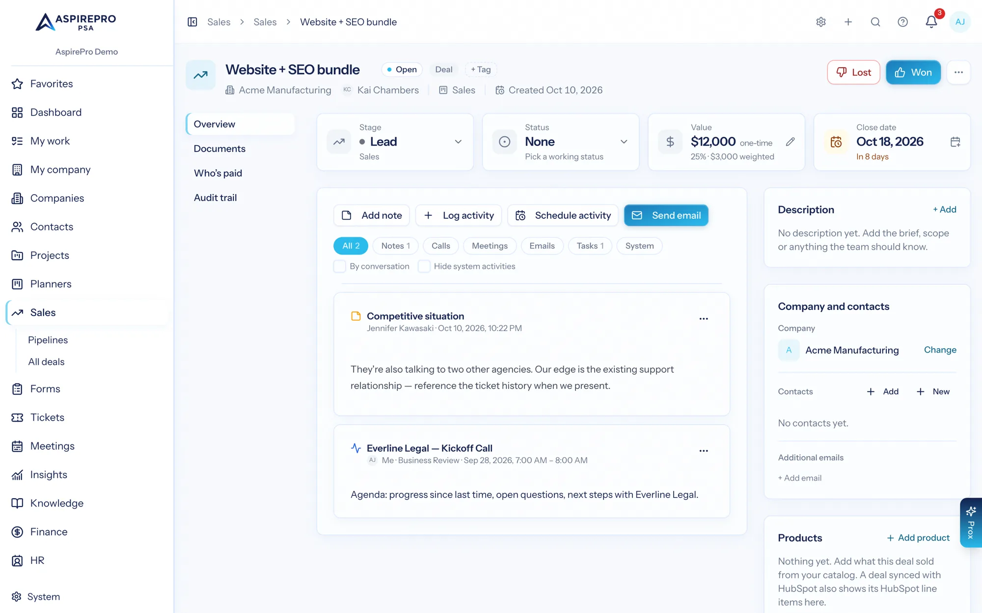 An AspirePro deal record showing value, stage, company, contacts and the activity feed