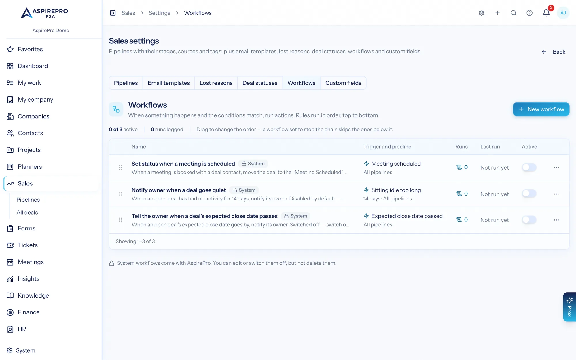The Sales workflow list showing automation rules for deal stage changes and quiet deals
