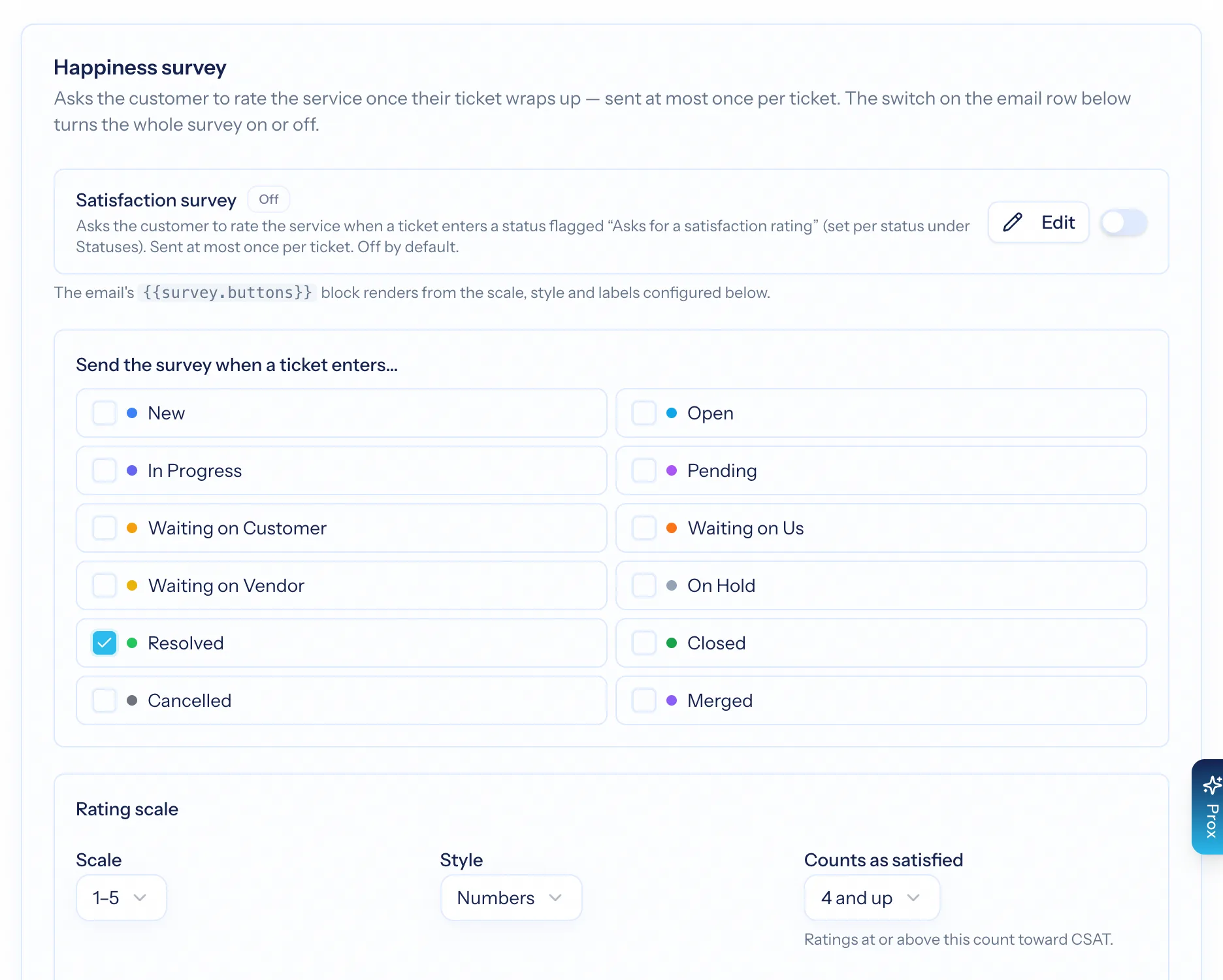 The happiness survey configuration with scale, labels, threshold and review gating