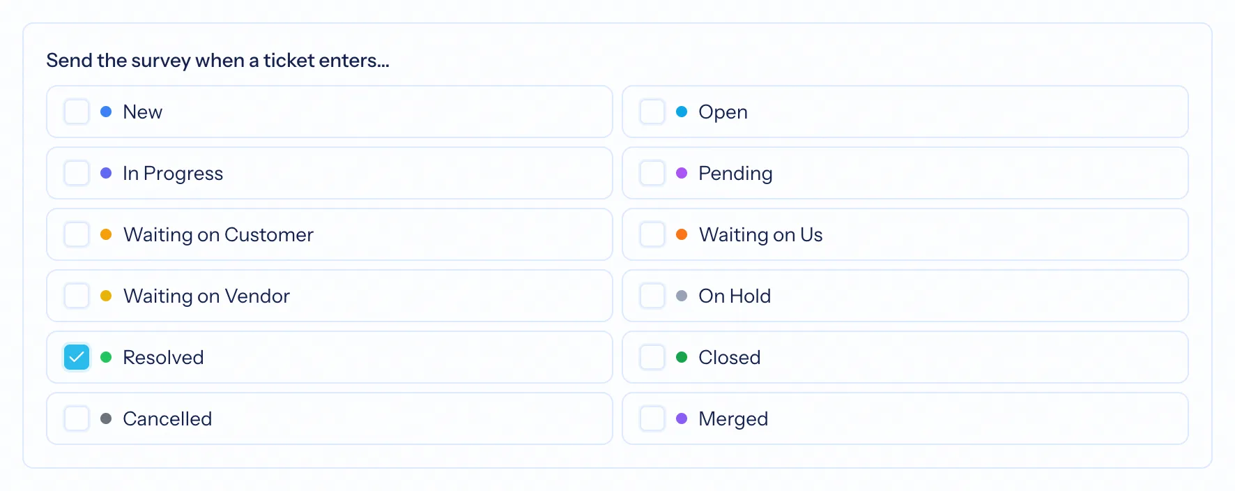 Choosing which statuses send the survey, inside the board's happiness survey settings