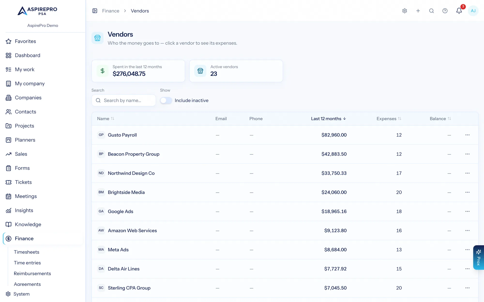 The vendors list showing trailing twelve month spend, expense counts and balances per vendor