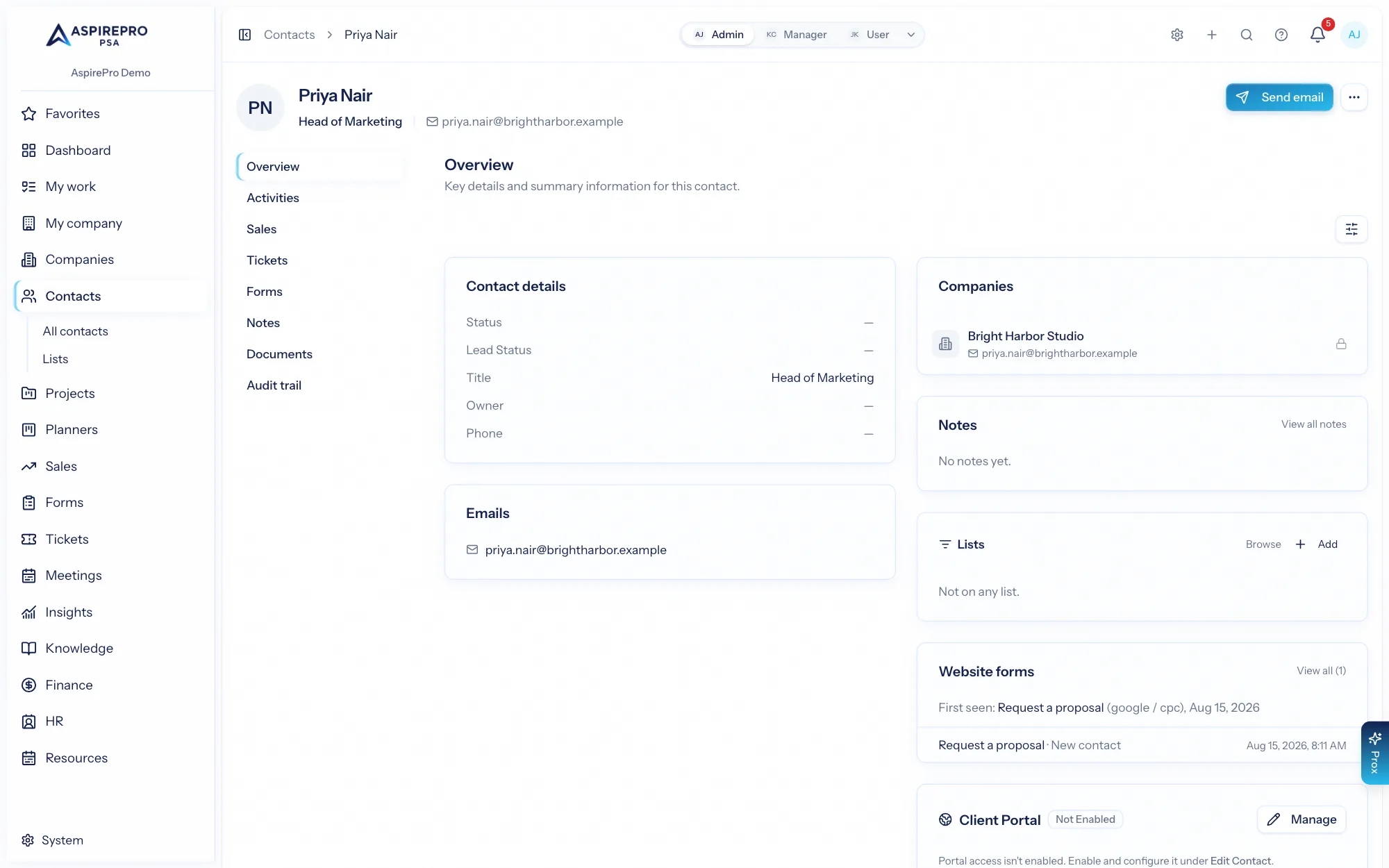 A contact's Overview with the Website forms card showing where they were first seen