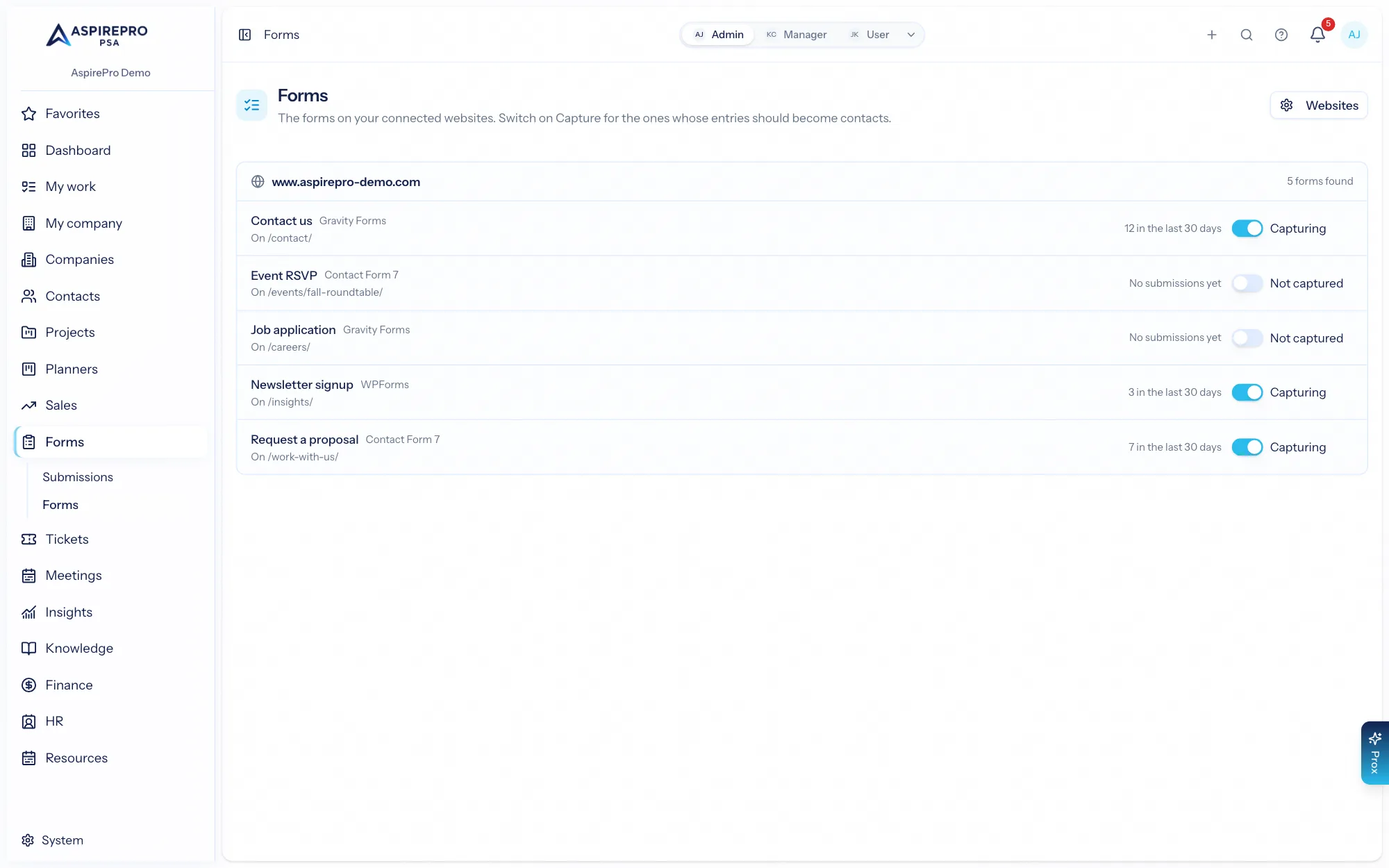 The Forms page: every form found on a connected site with its Capture switch