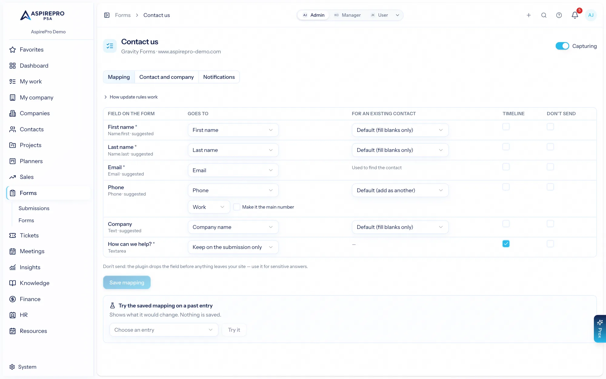 A form's Mapping tab: where each field goes and what it may change on an existing contact