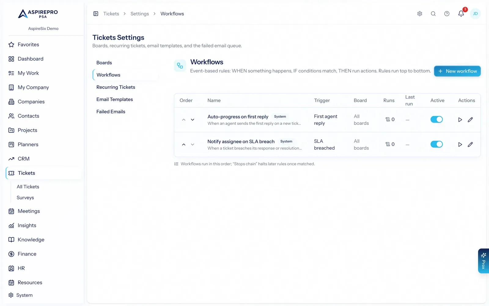 Ticket rules: auto-progress on first reply, SLA warnings