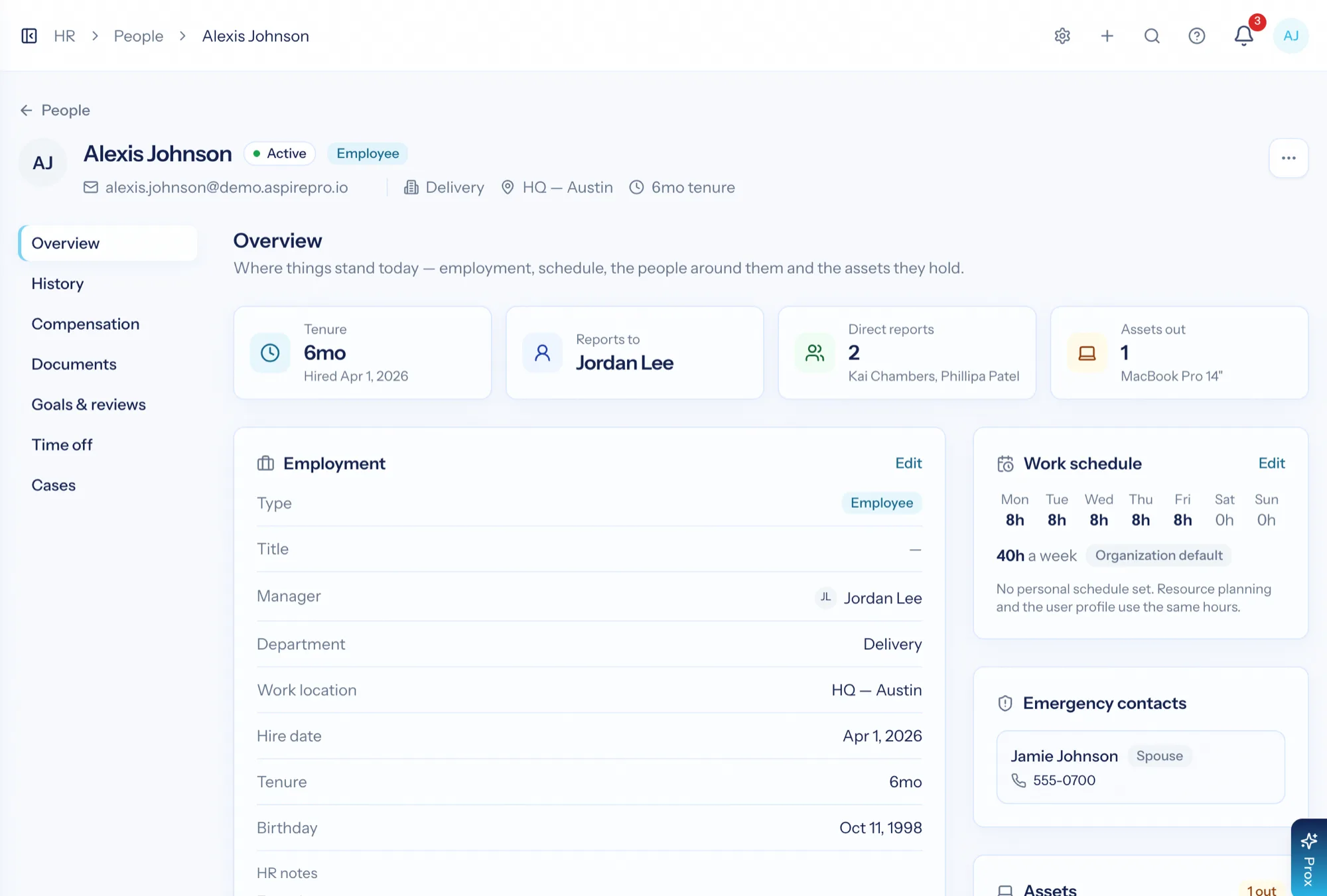 An AspirePro employee profile with employment, time off, goals and documents tabs