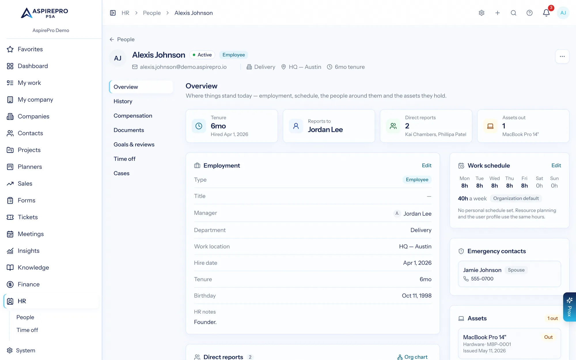 An employee profile showing employment details, work schedule, emergency contacts and direct reports