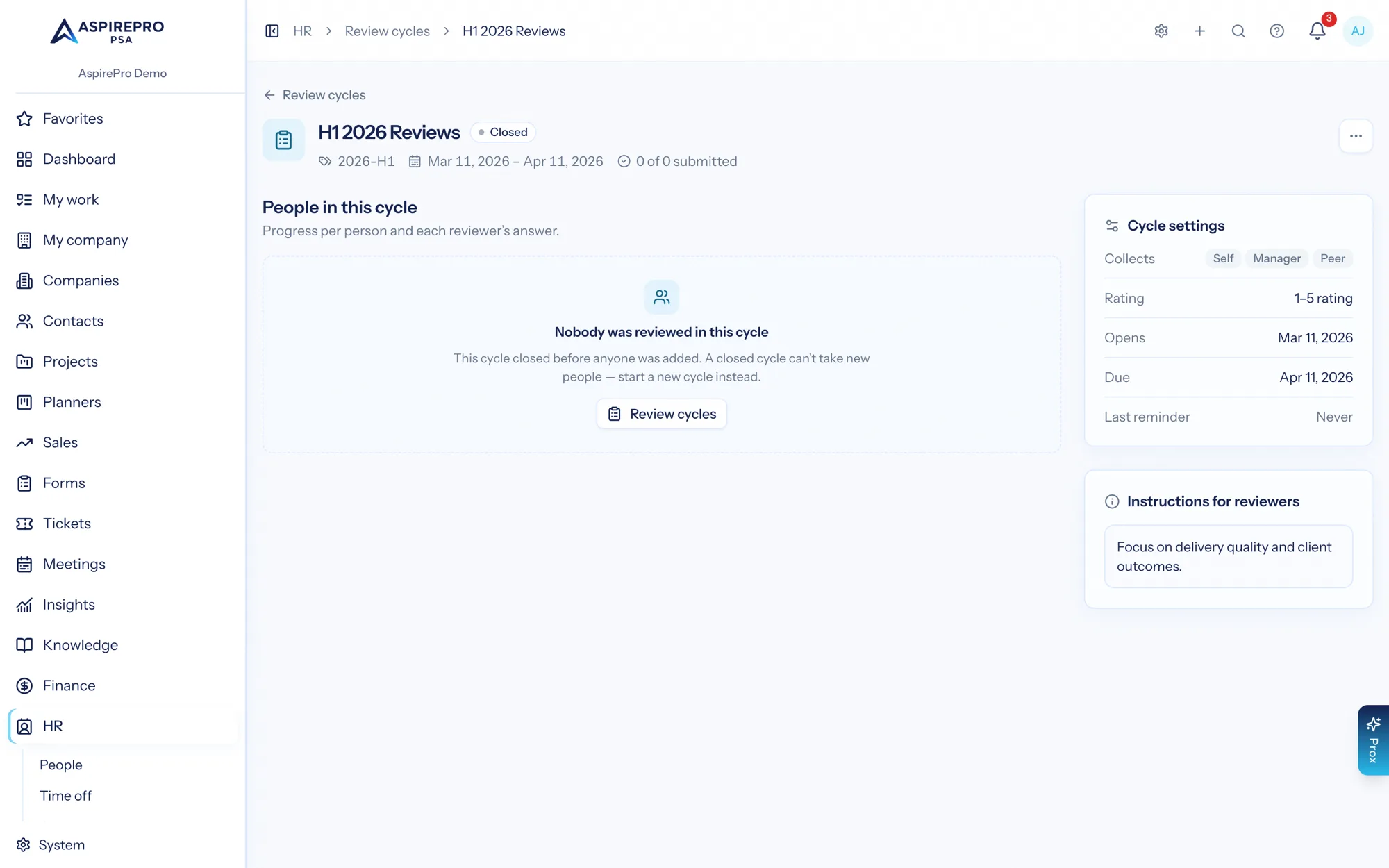 An HR review cycle showing its window, participants and completion status