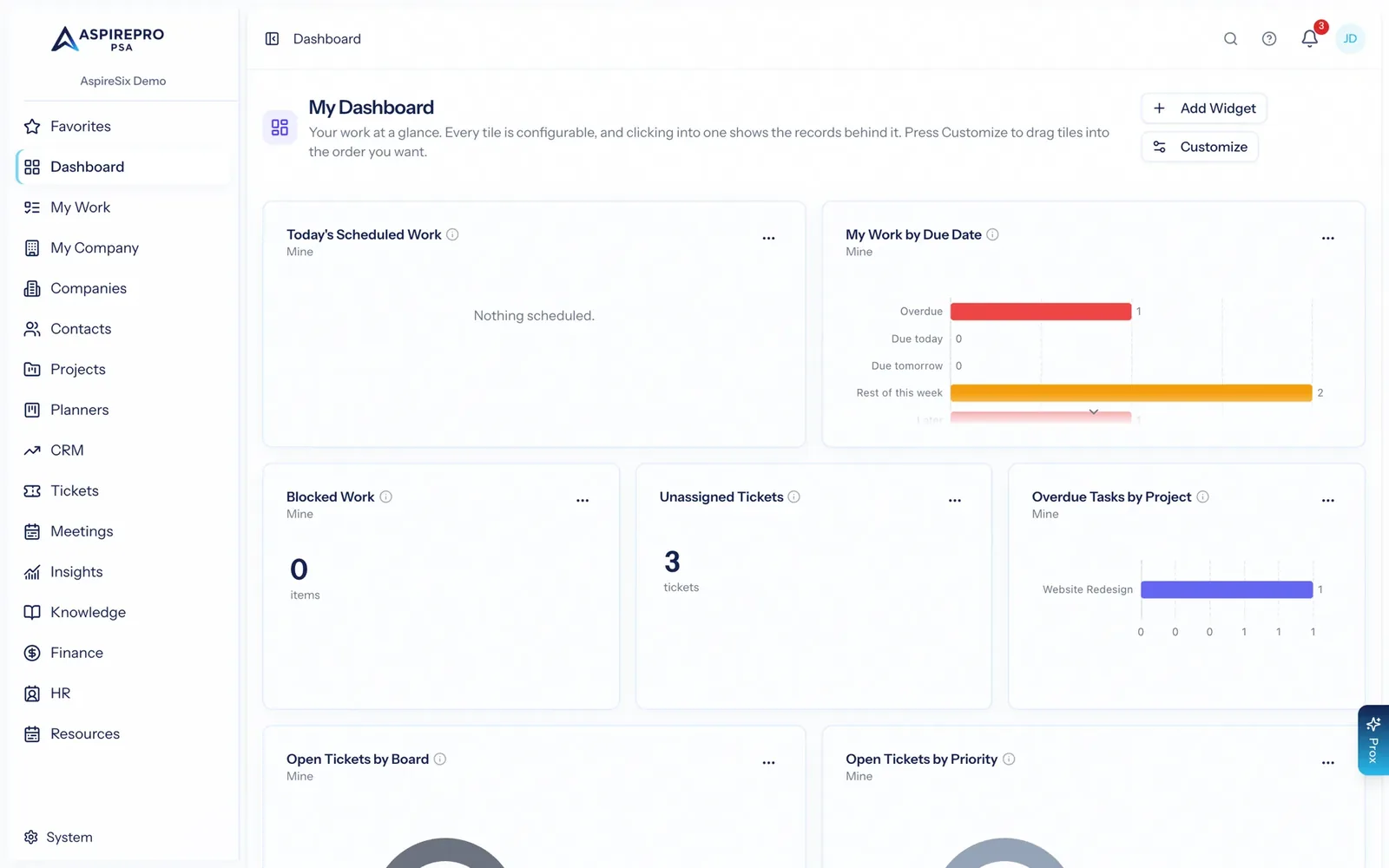 A personal dashboard with scheduled work, work by due date, blocked work and unassigned tickets
