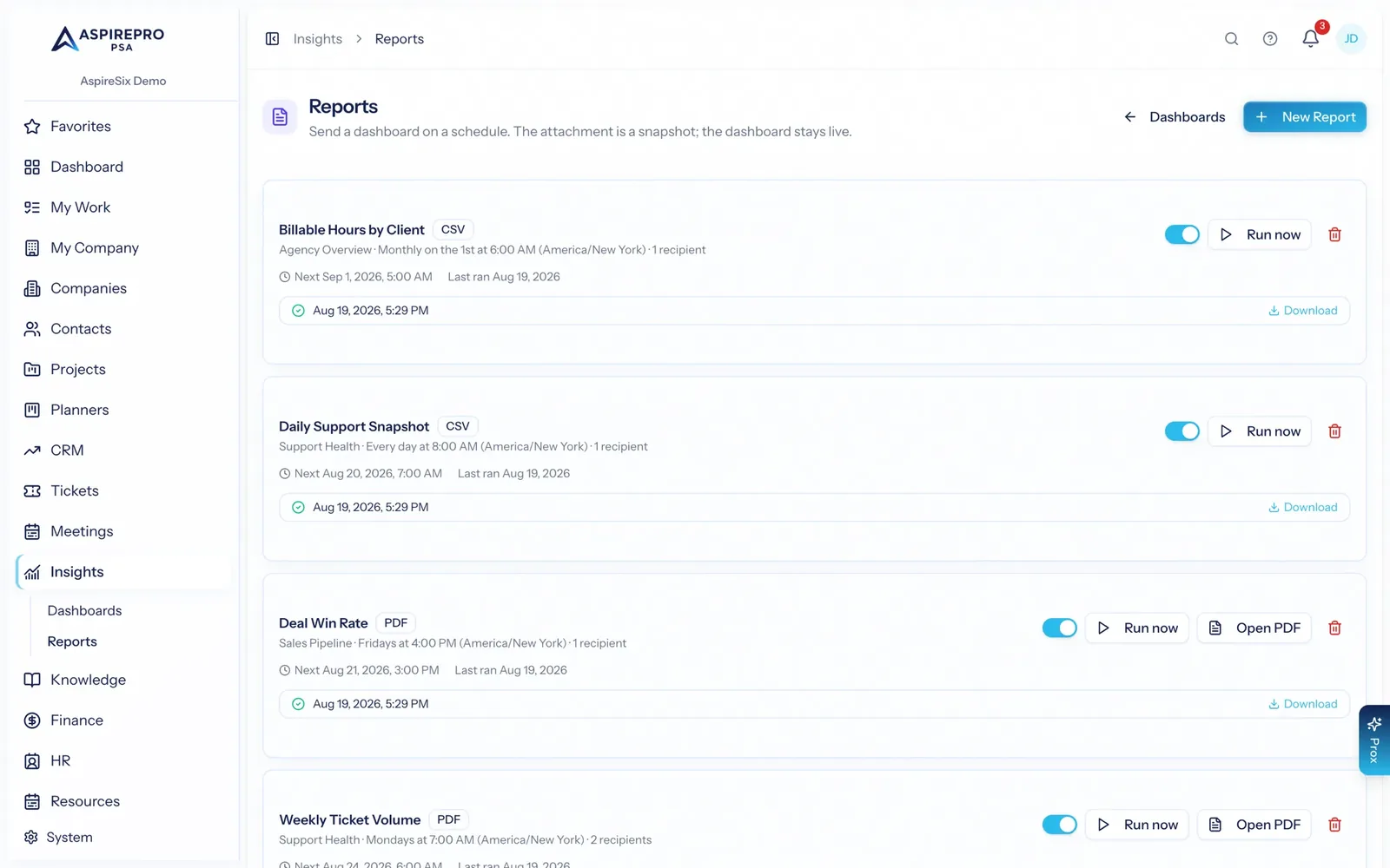 The reports list showing scheduled reports with their cadence, format, next run and last run