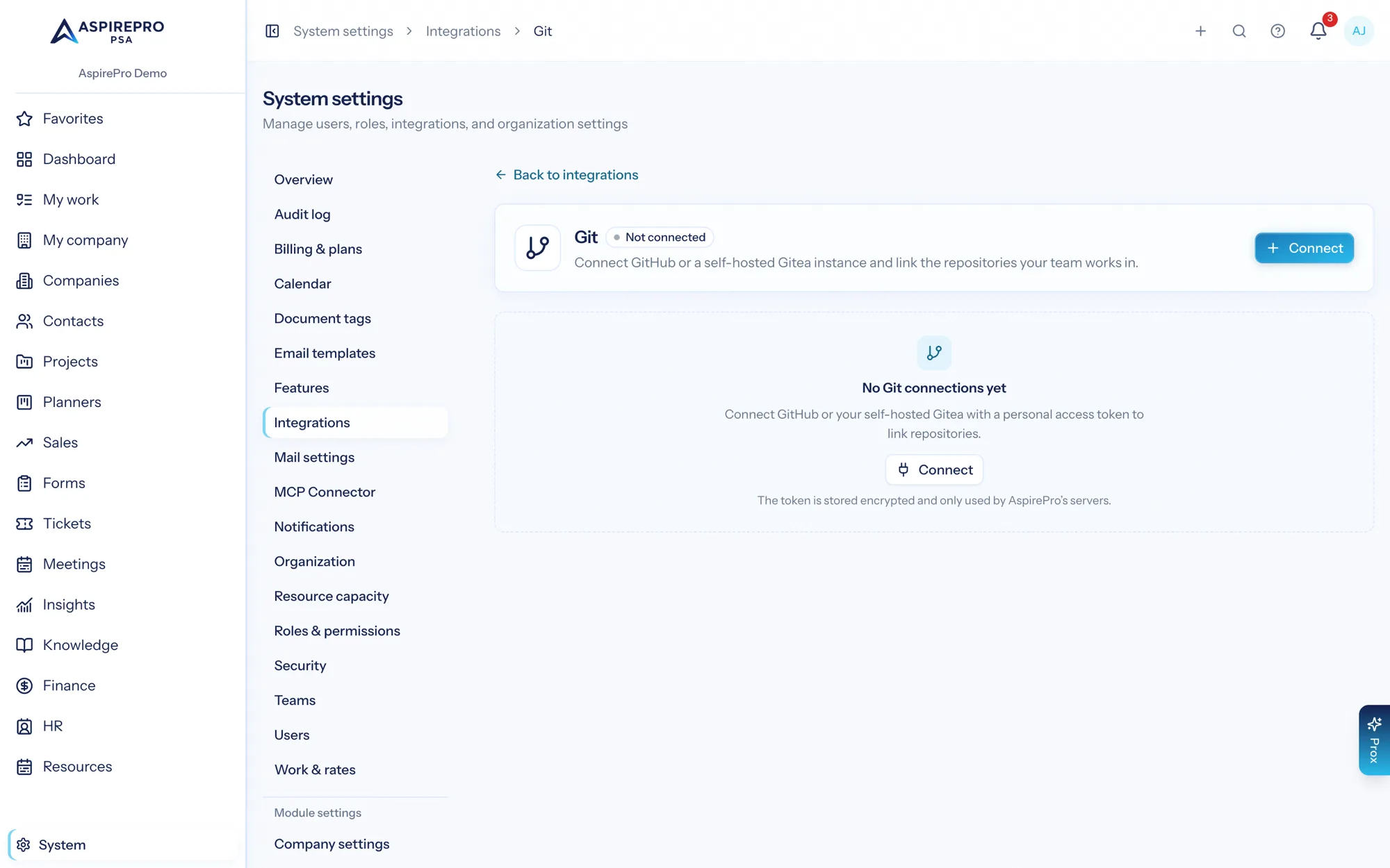 The Git integration settings page for connecting GitHub or a self-hosted Gitea instance