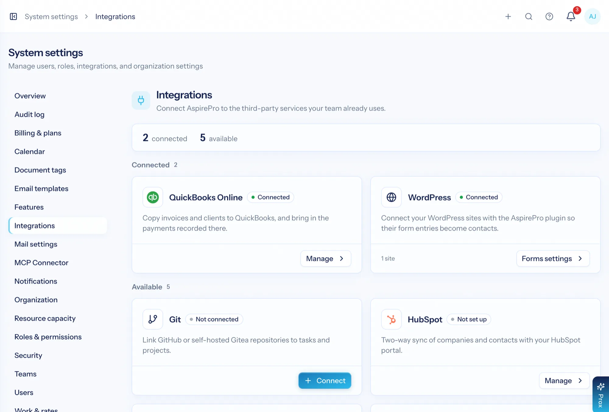 The AspirePro integrations page with QuickBooks, Xero, Stripe, HubSpot, Microsoft 365 and Google connections