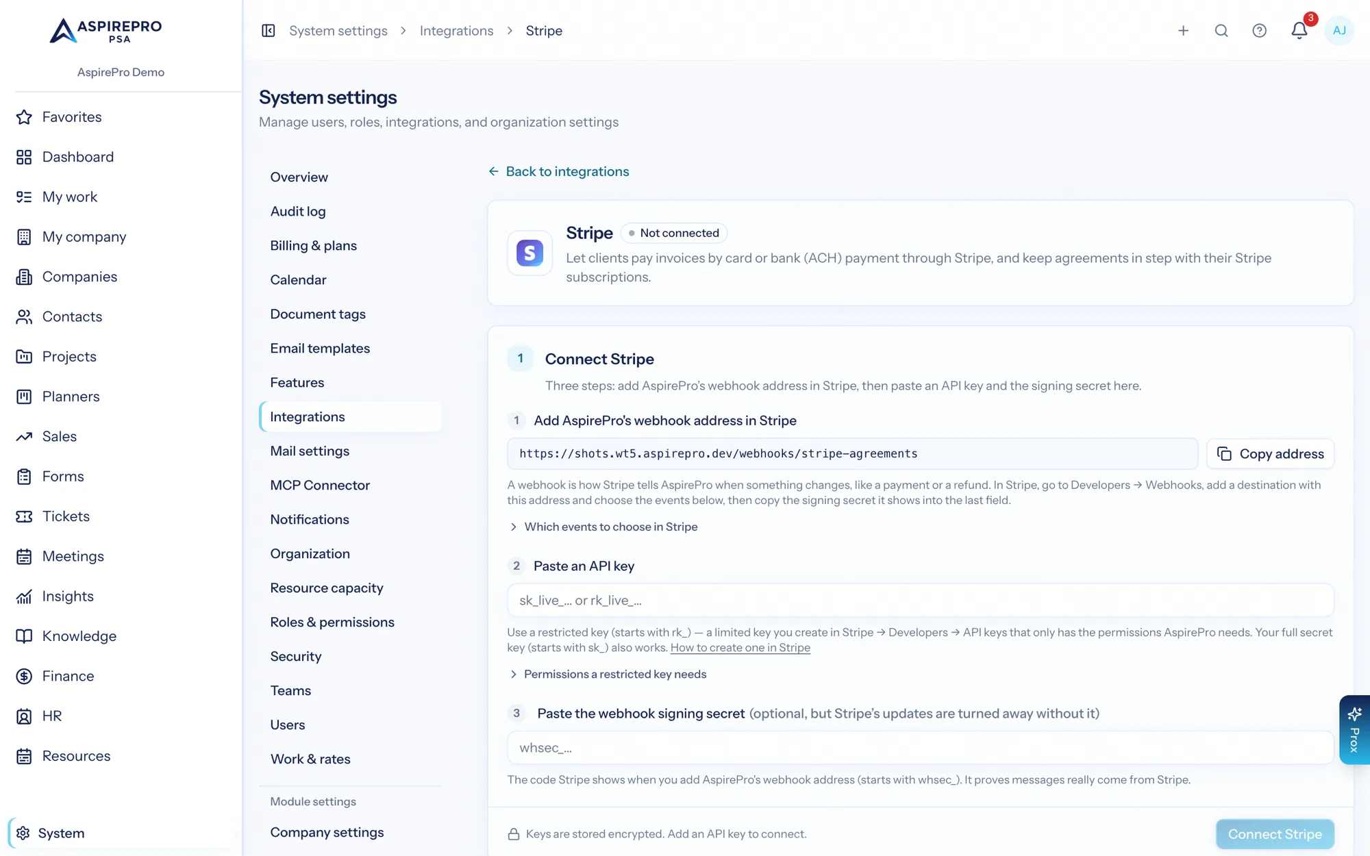 The Stripe integration on the System Integrations page