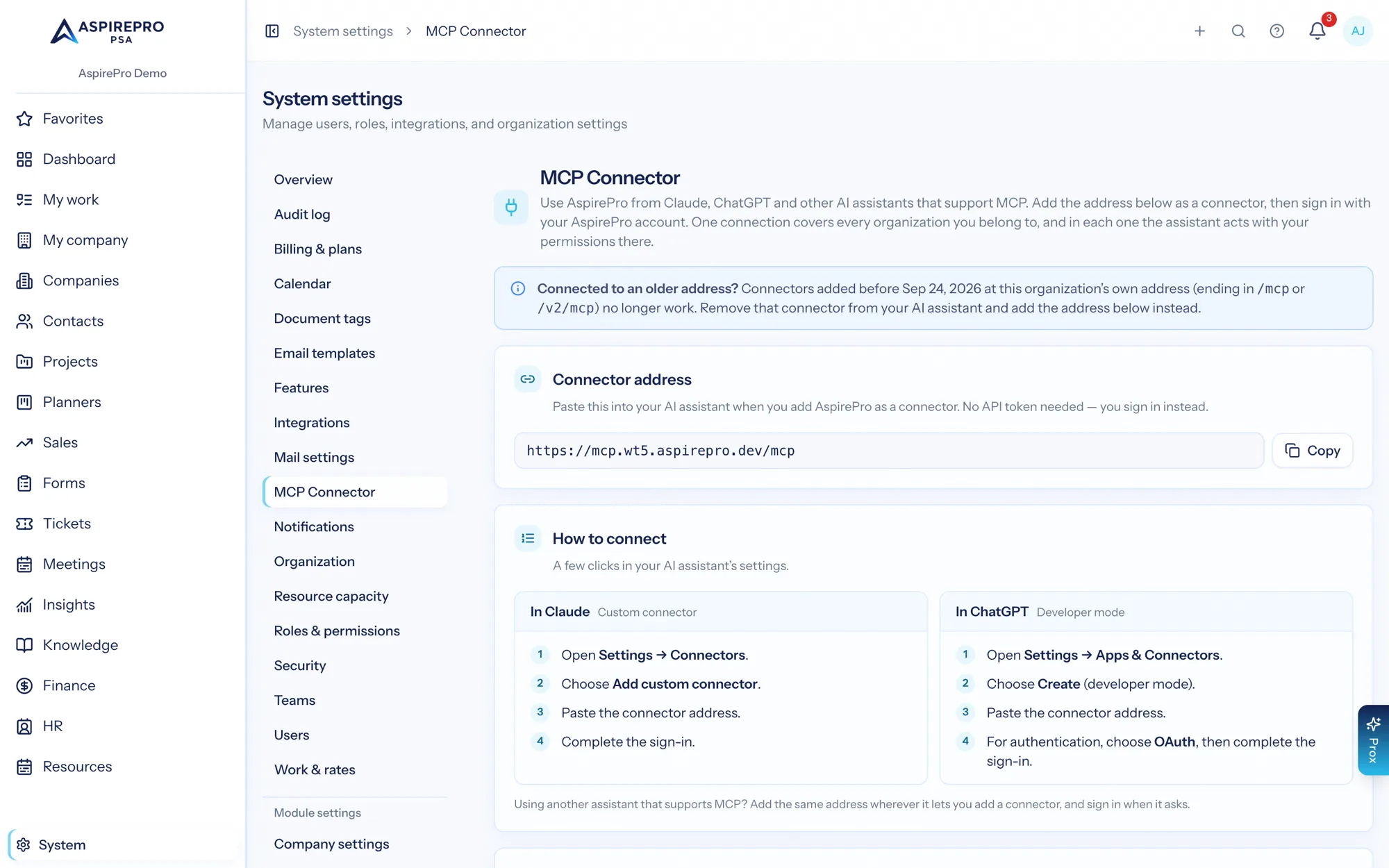The MCP connector settings page showing the connector URL