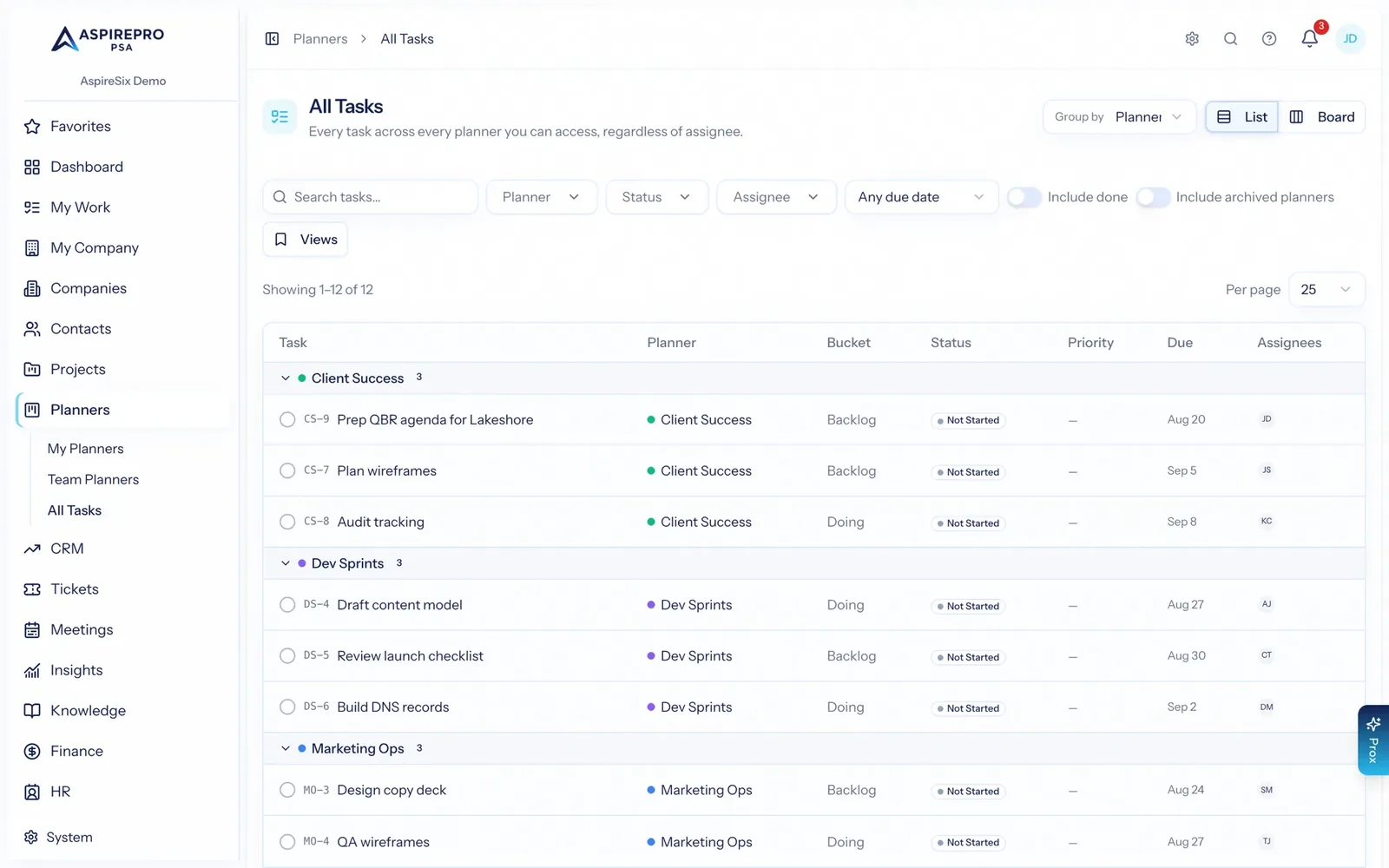 The All Tasks view rolling up tasks from every planner with status, priority and due date
