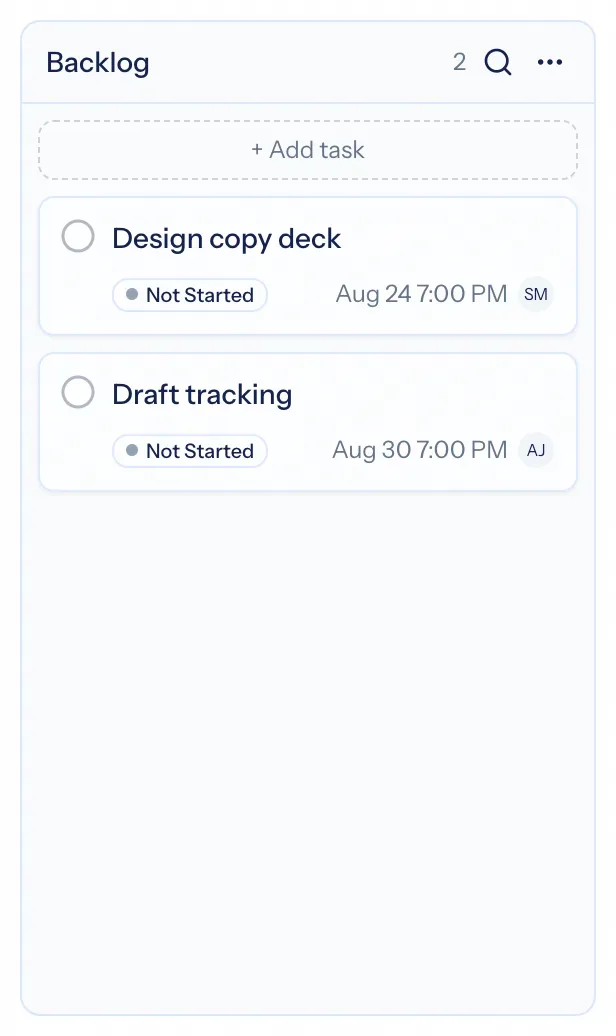 A planner board column showing task cards with status and due date