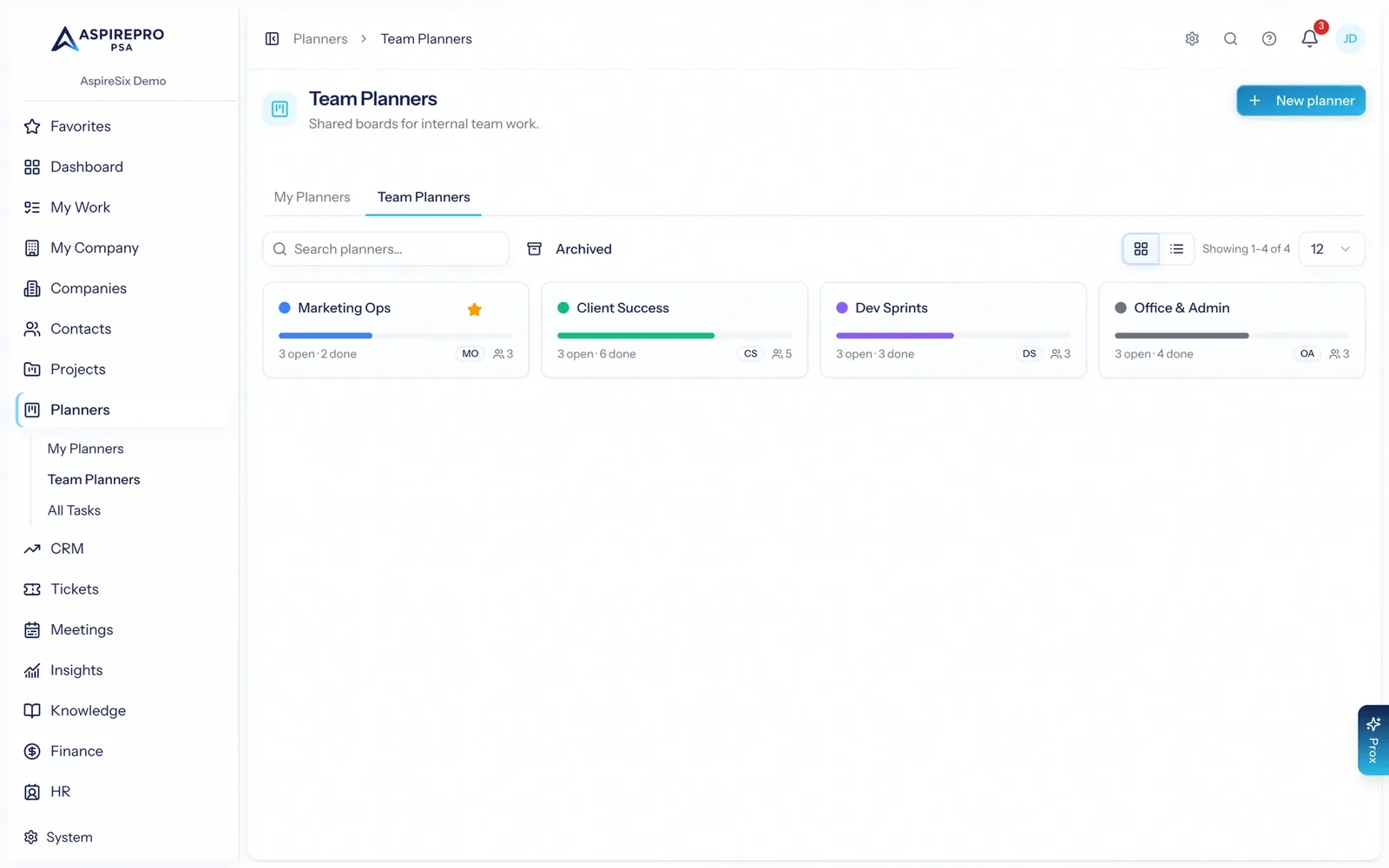 The Team Planners list showing Marketing Ops, Client Success, Dev Sprints and Office & Admin boards