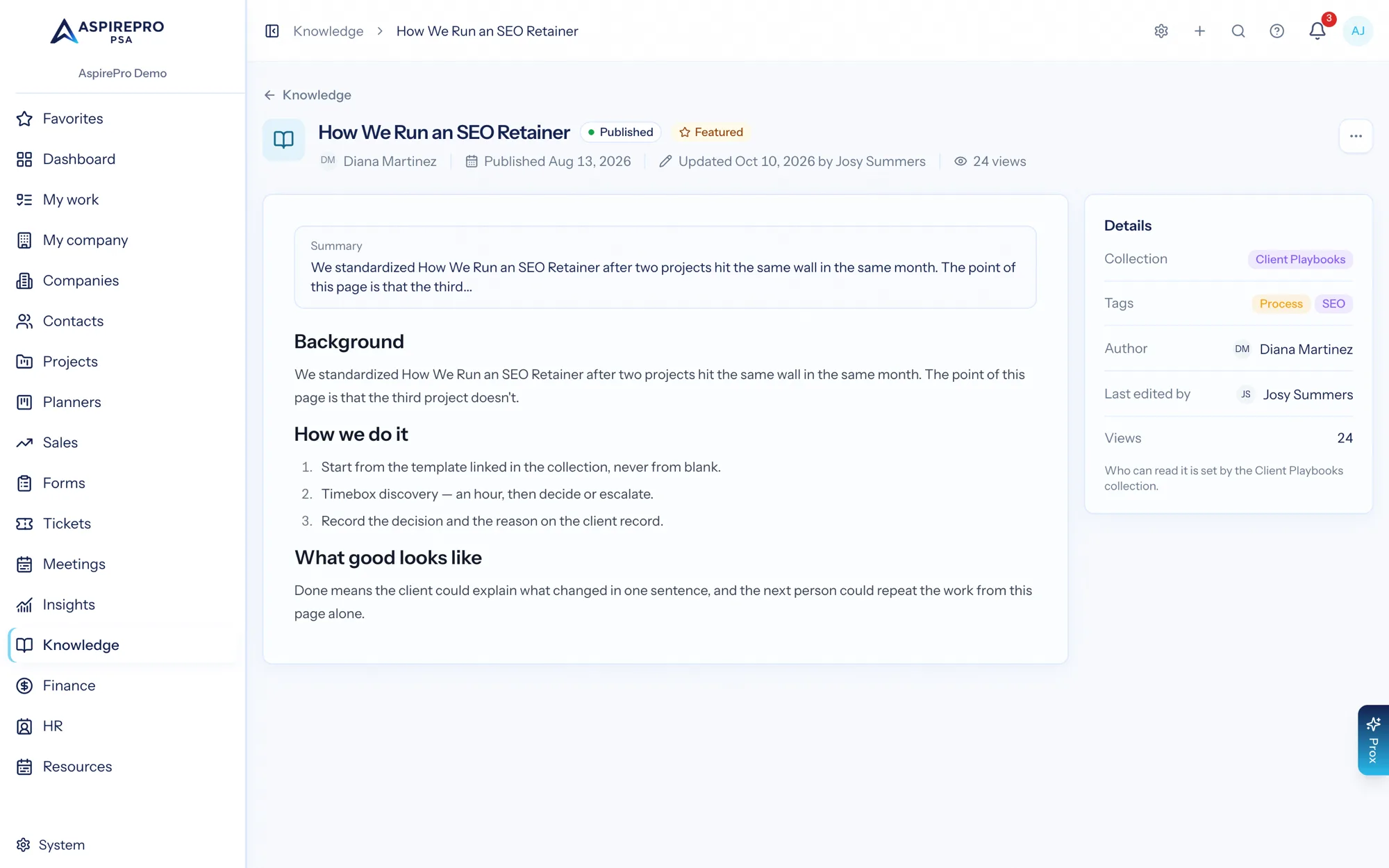 A knowledge article showing formatted content with collection, tags, author and last updated details