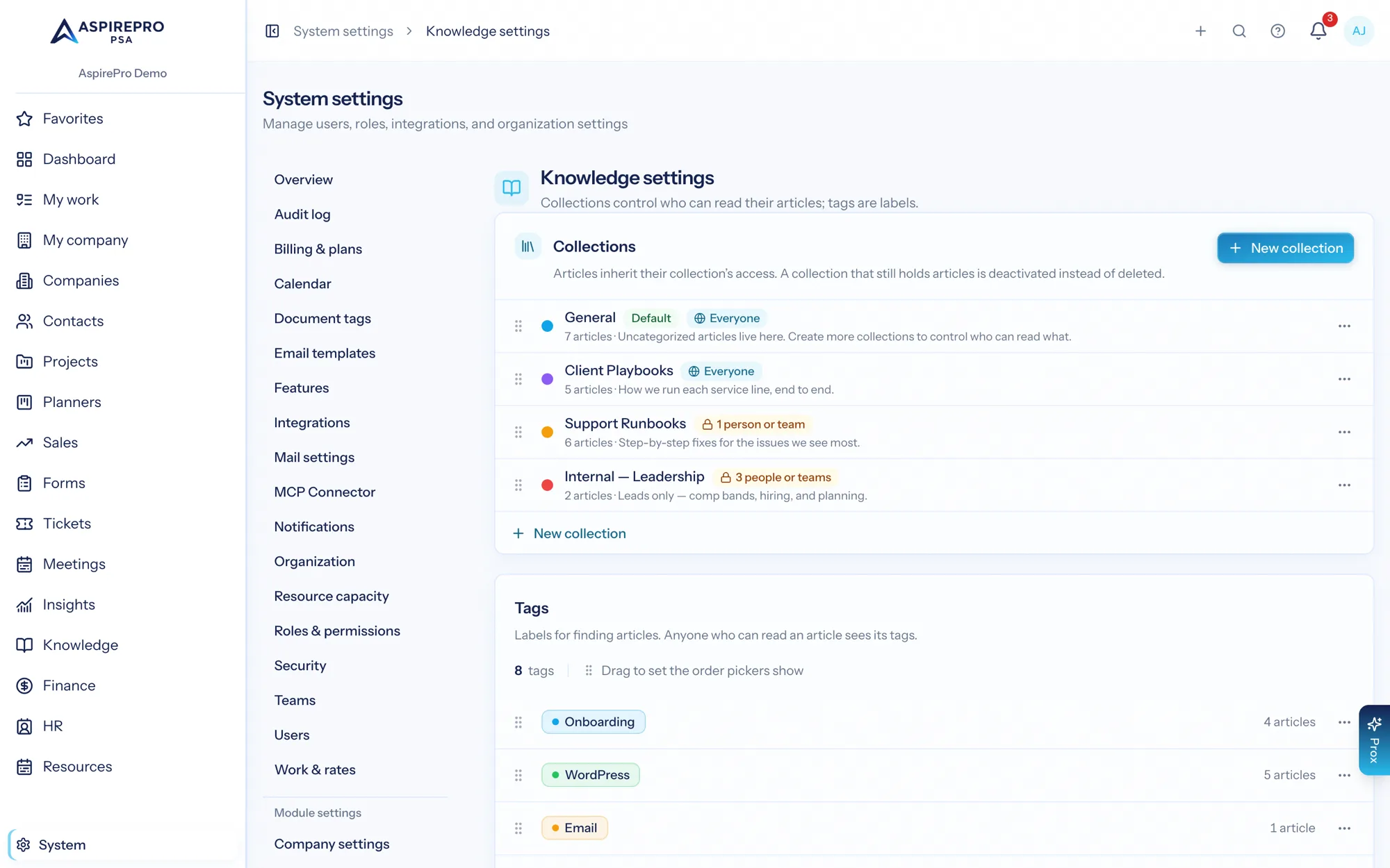 Knowledge settings showing collections with their access scope and the tag list
