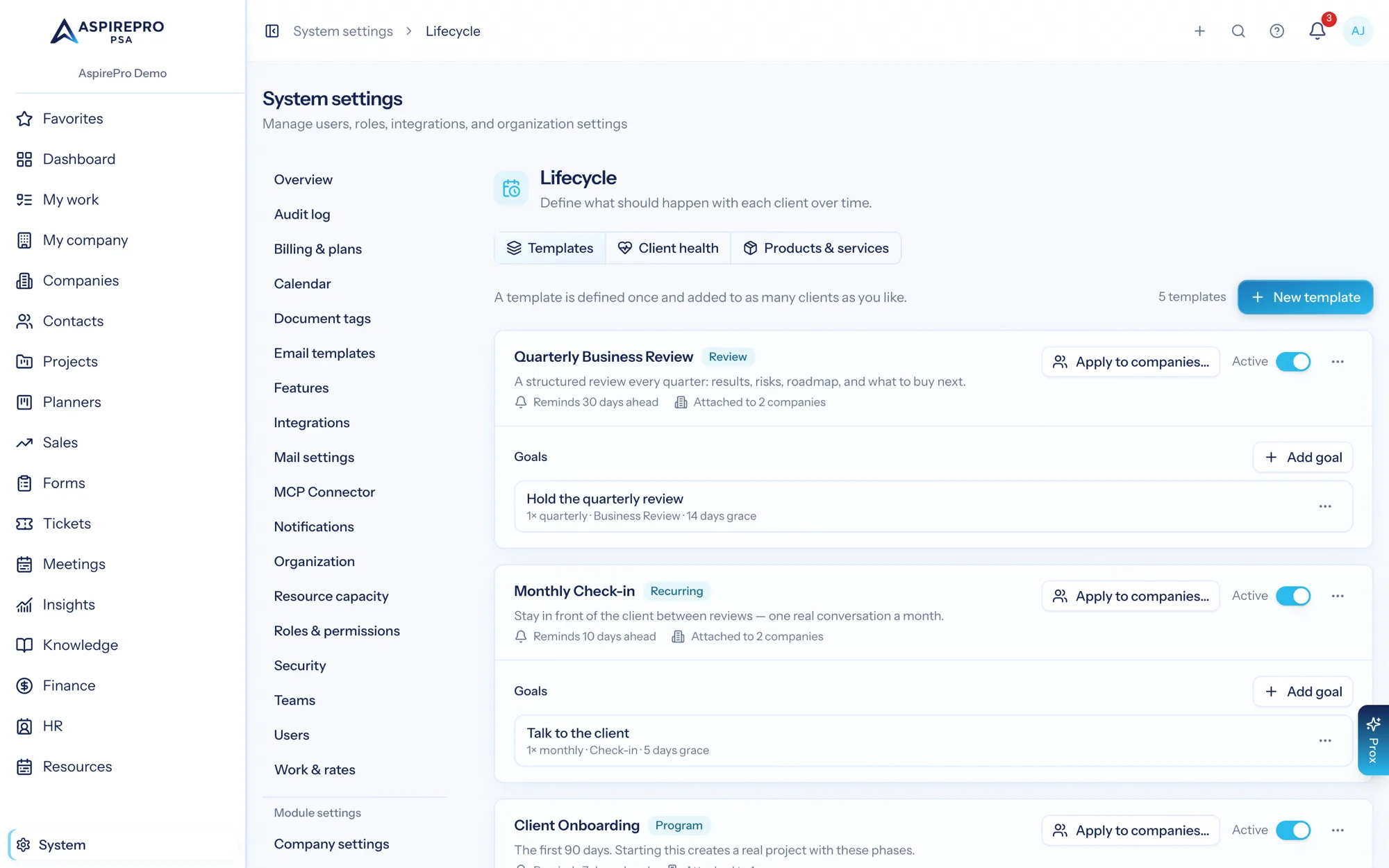 Lifecycle settings showing templates for quarterly business review and monthly check-in with their goals