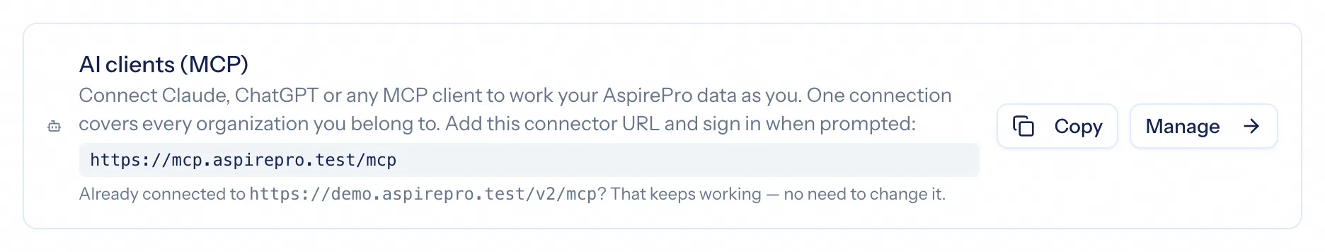 Adding the AspirePro connector to Claude and choosing organizations