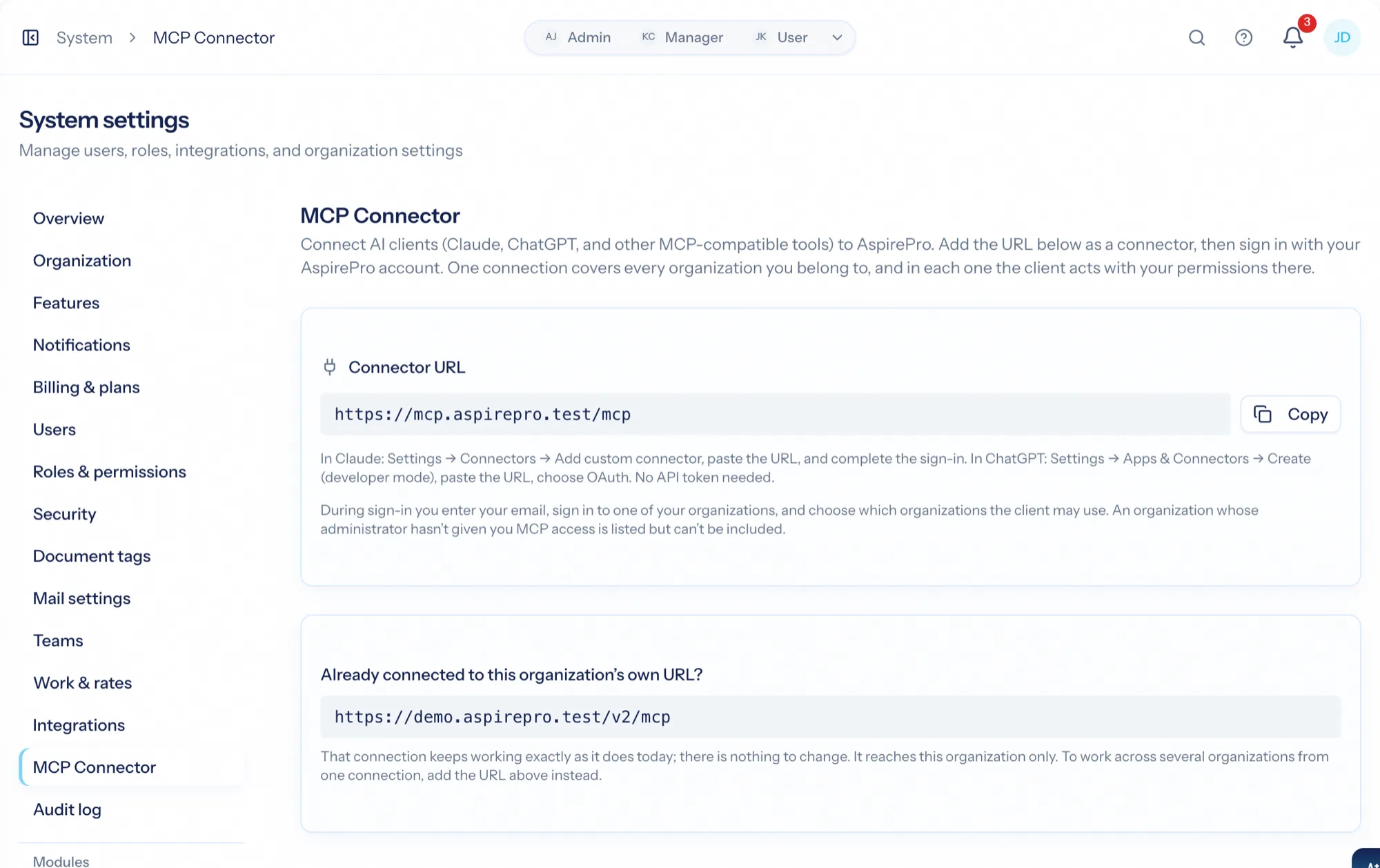 System → MCP Connector: the connector URL, connected clients and legacy tokens
