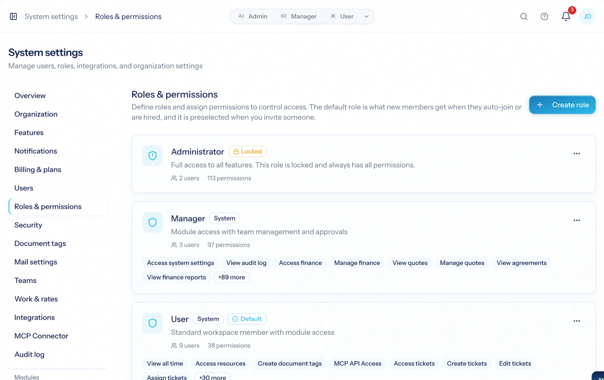 System → Roles & permissions, where MCP API Access is granted per role