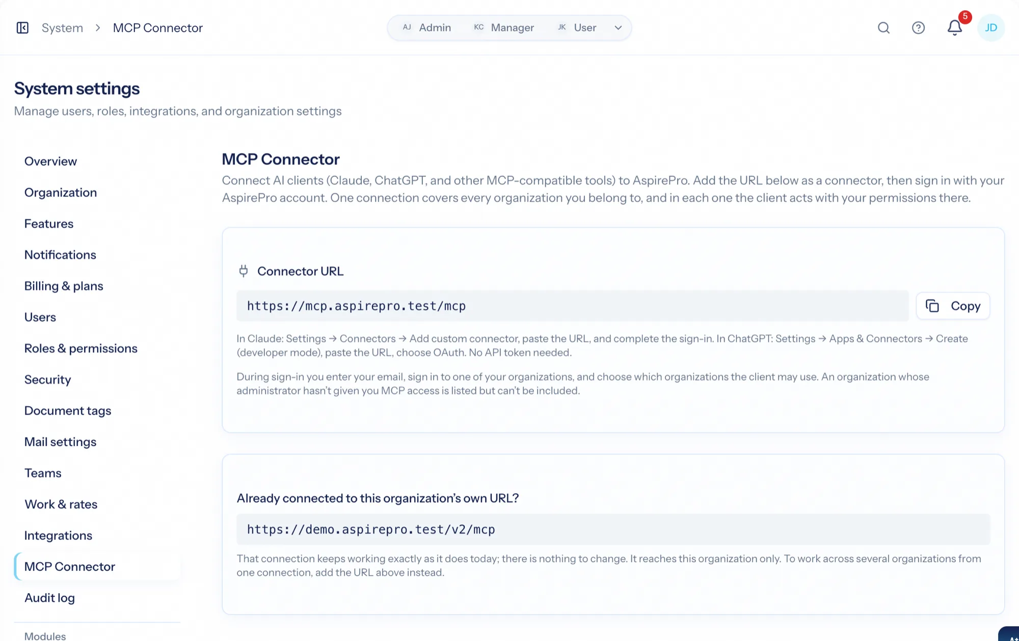 The MCP connector page listing what a connected client can do