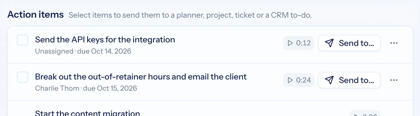 A meeting summary with key points and a list of action items with due dates and timestamps