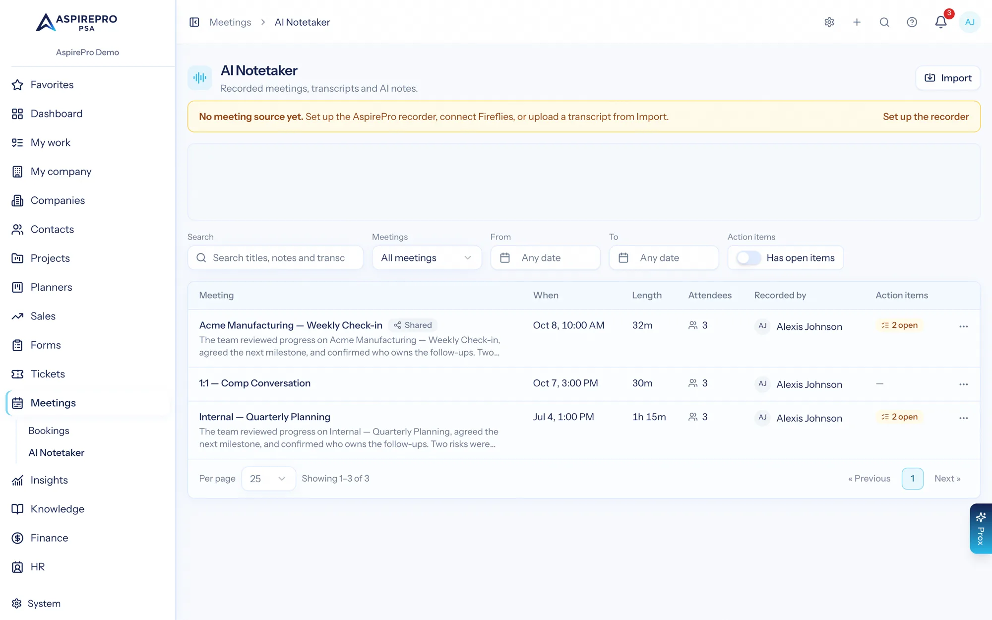 The notetaker meetings feed showing recorded calls with summaries, dates and action item counts
