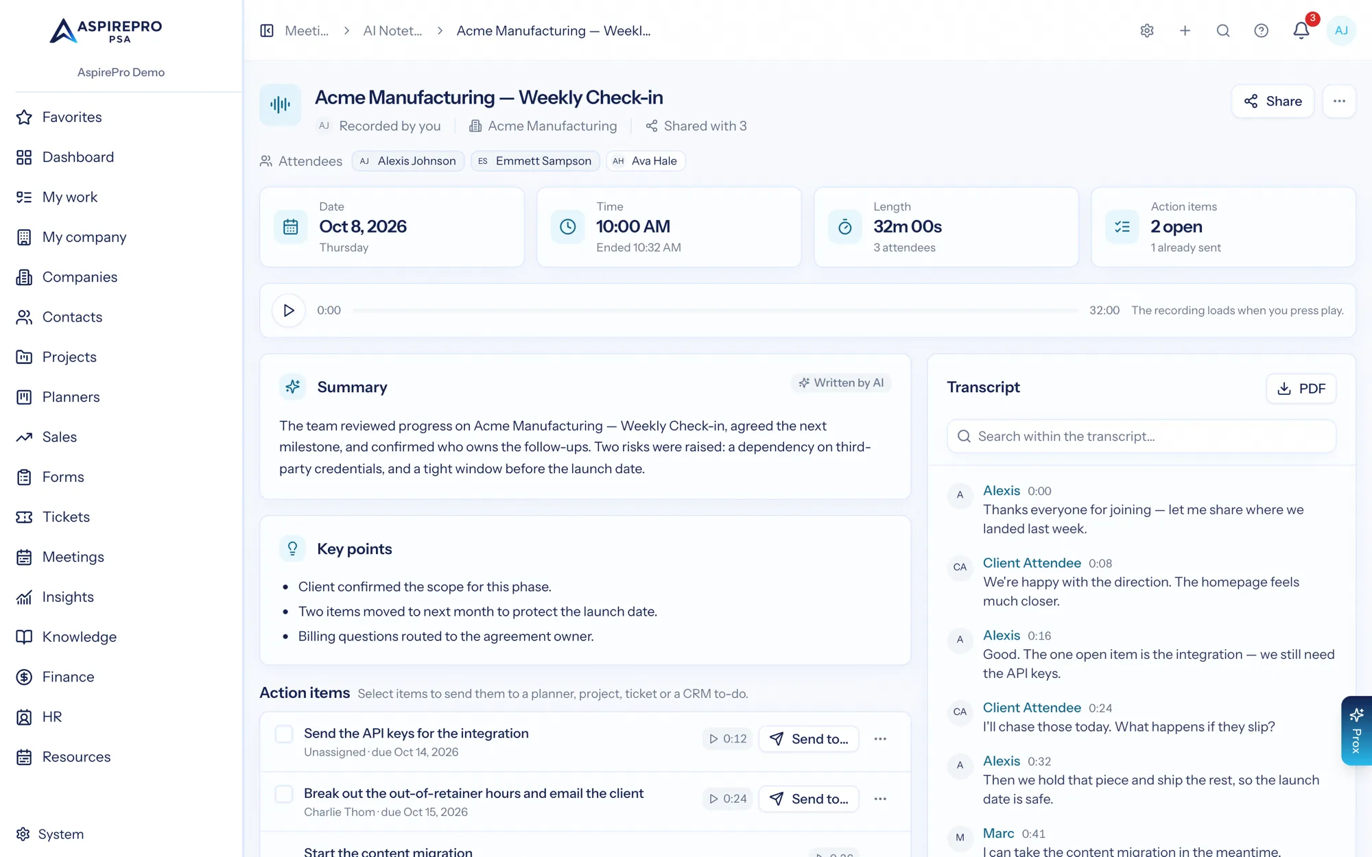 An AspirePro meeting page with the summary, action items and the searchable transcript