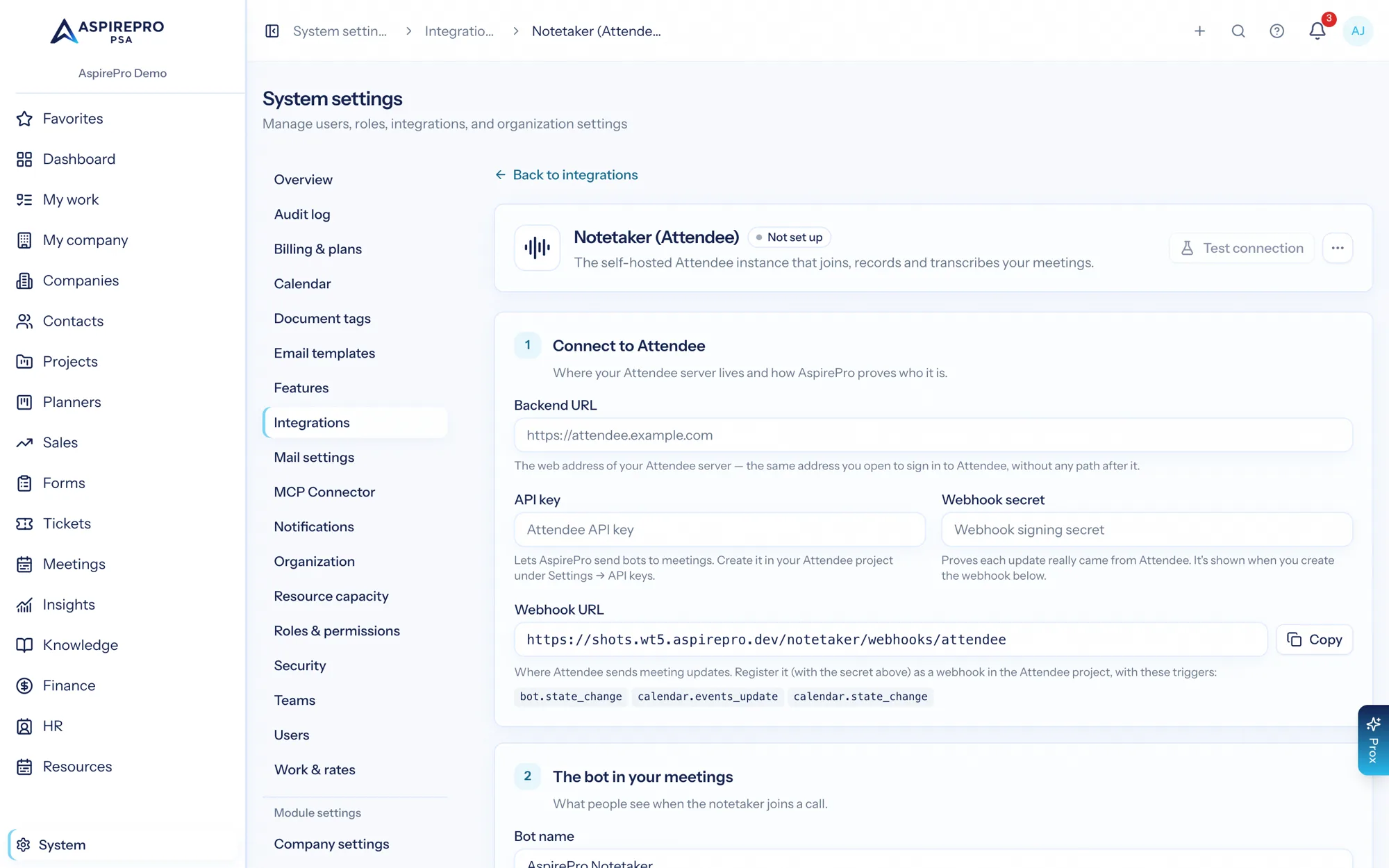 The notetaker integration settings showing the backend connection, webhook and default sharing options