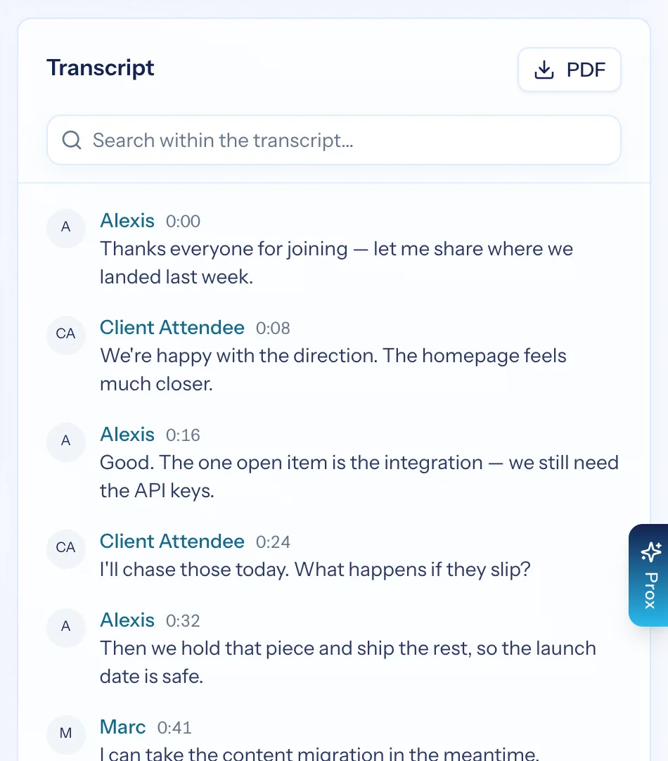 A meeting transcript with speaker names, timestamps and a search box