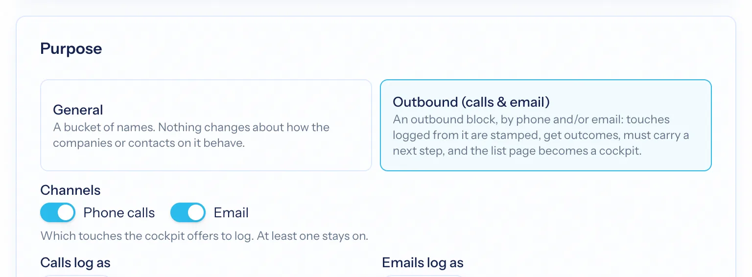 Outbound block settings: channels, next step, gone-quiet days, skip tag, daily target
