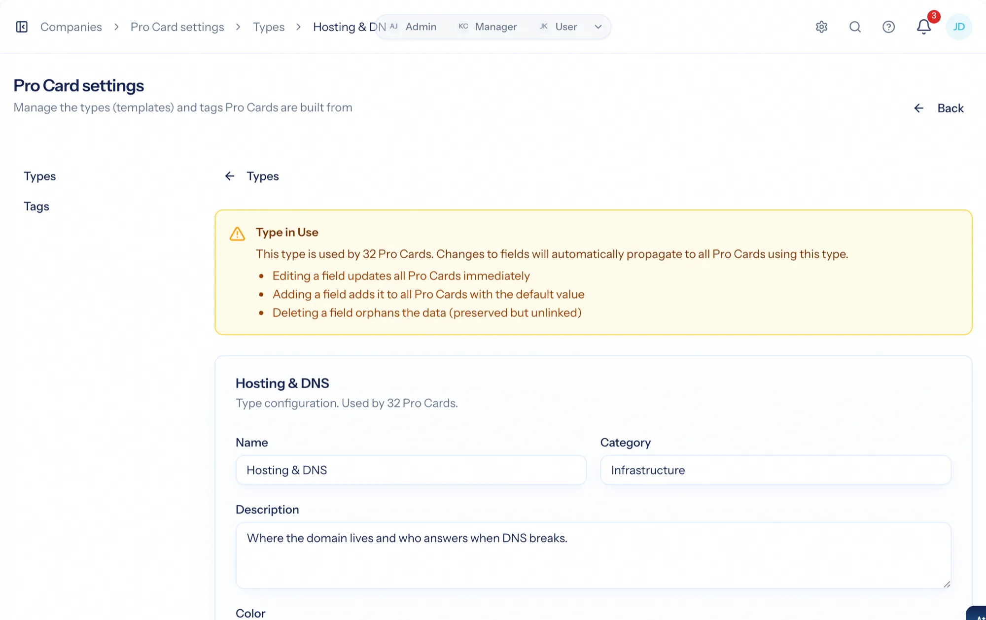 The Pro Card type editor with the field builder