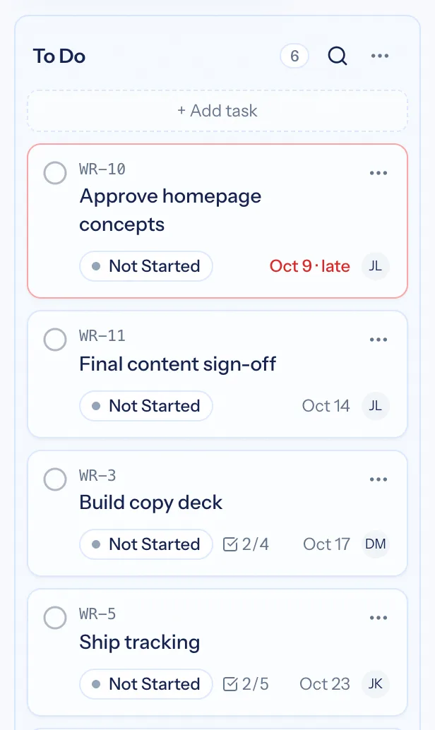 A project board column showing task cards with status, due date and assignee, one overdue in red