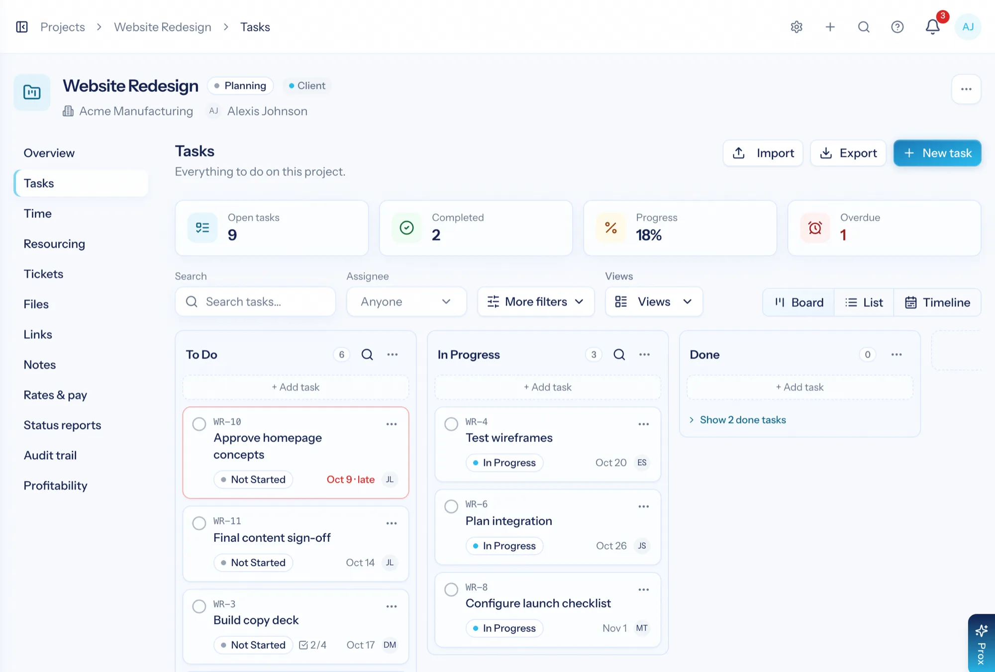 An AspirePro project board with task cards in buckets, assignees, due dates and a budget summary