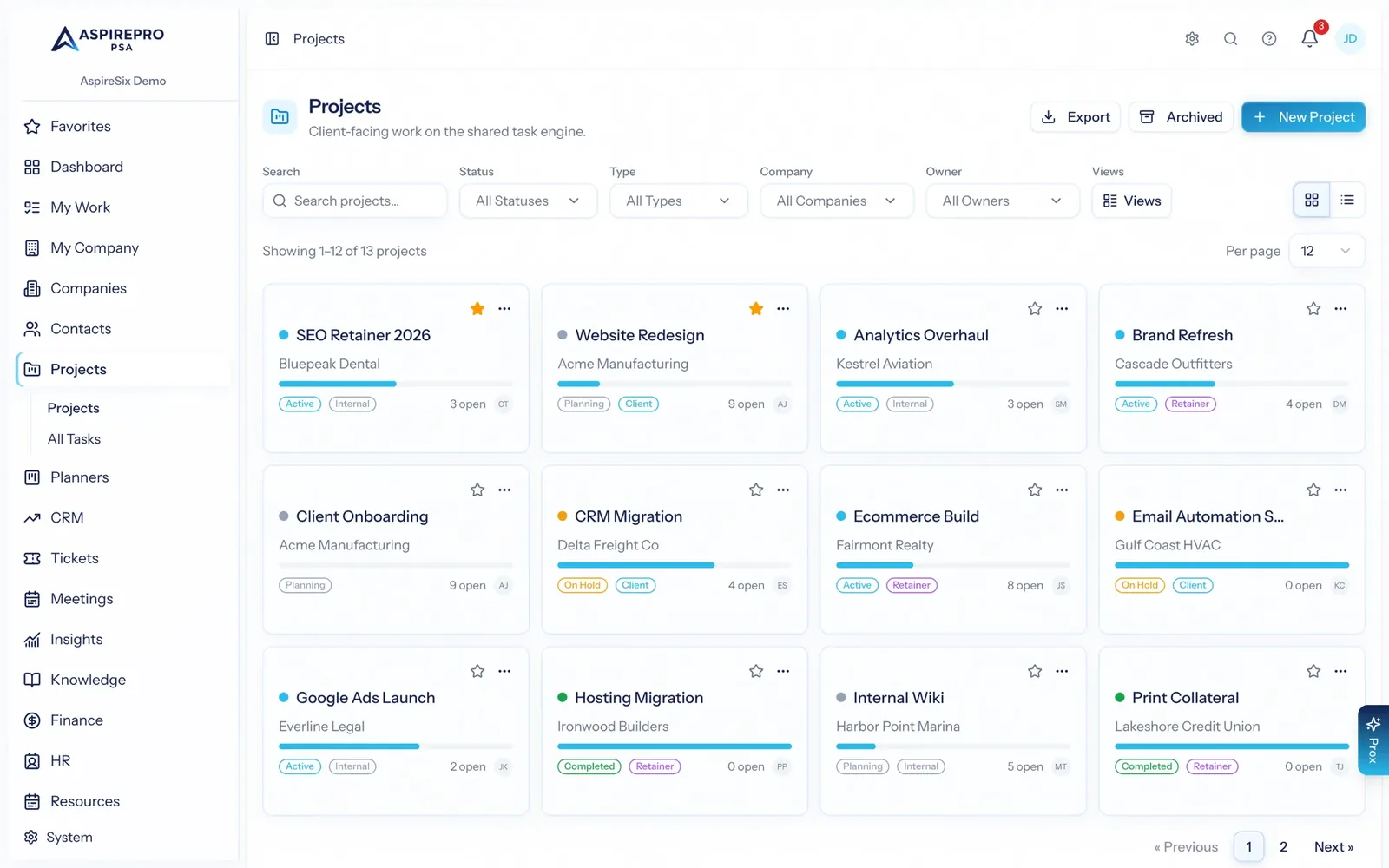 The projects list, showing client delivery projects with progress and budget