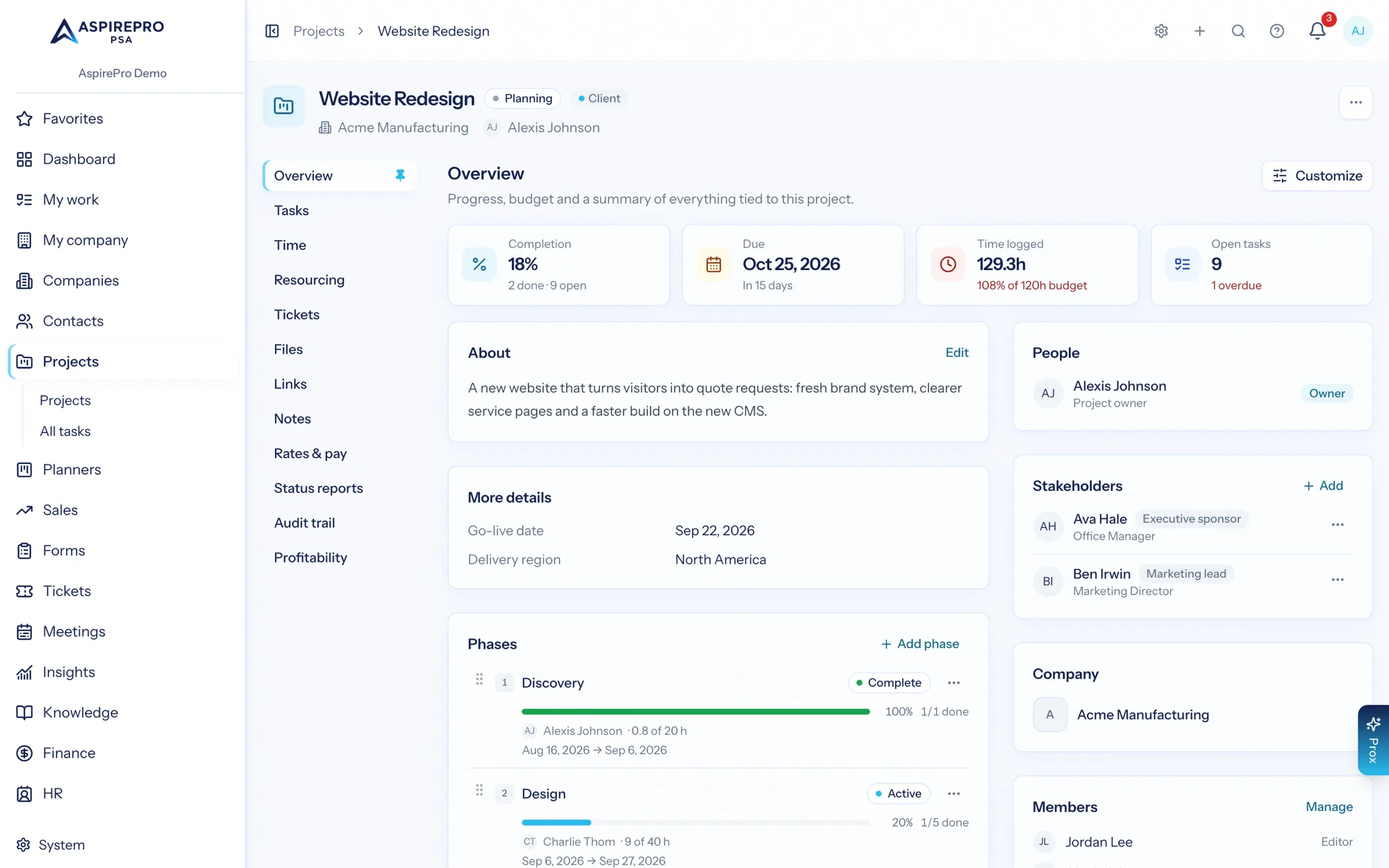A project record showing completion percentage, days remaining, hours logged, phases and team members