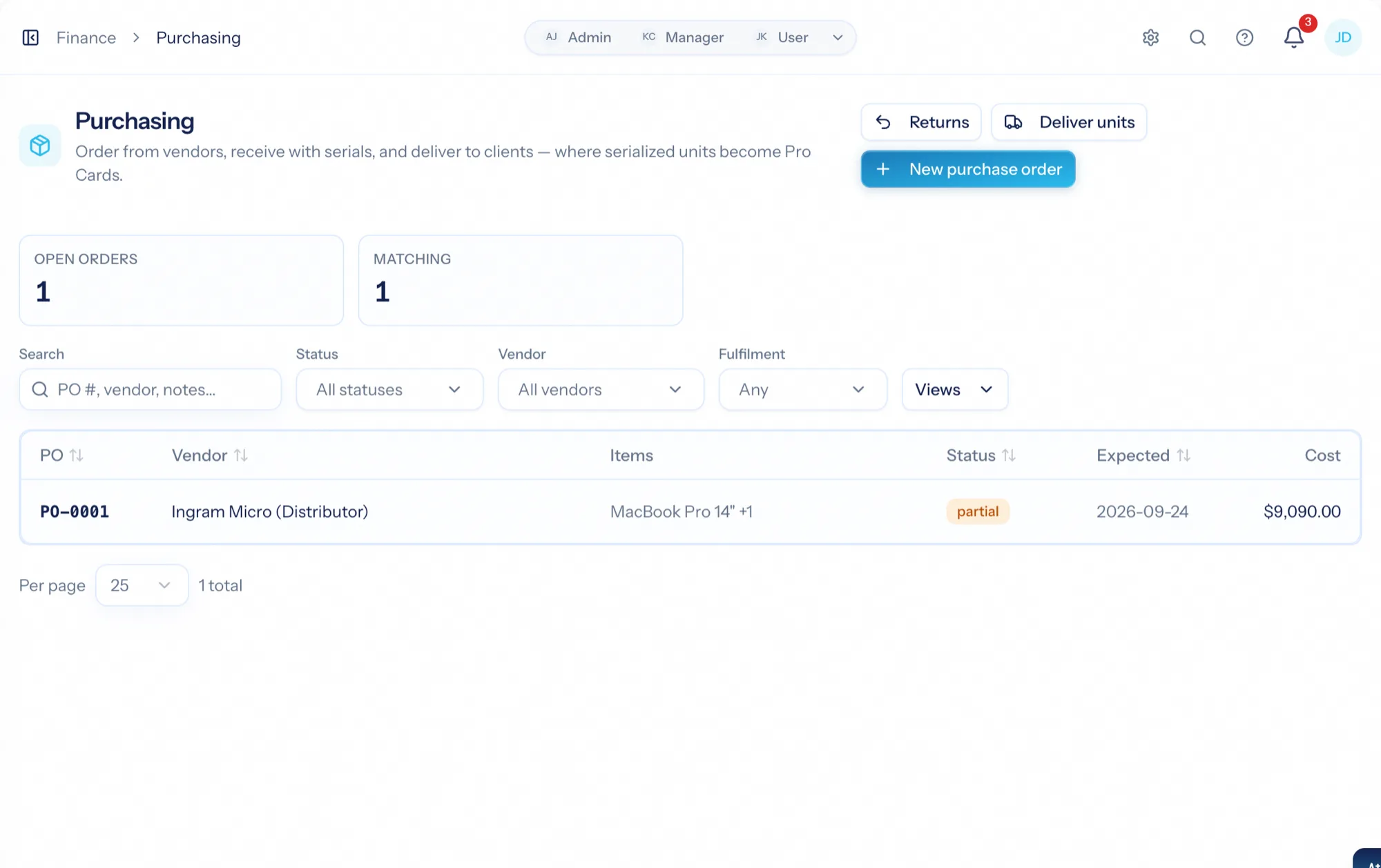 The Purchasing page: purchase orders with vendor, status, items and received counts