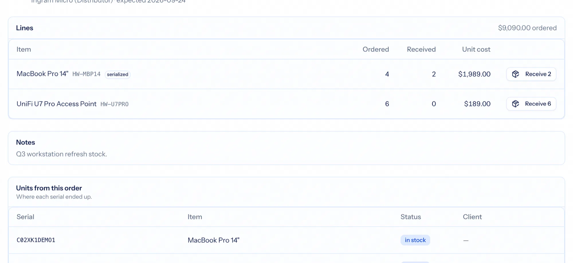 Receiving a purchase order with quantities and serial numbers per line