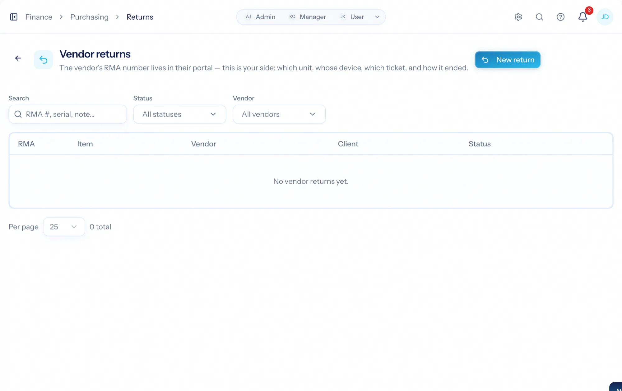 An RMA record with unit, vendor, reference and outcome