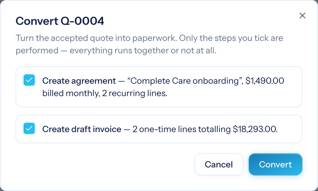 The Convert dialog previewing the agreement, invoice and deal a quote will create