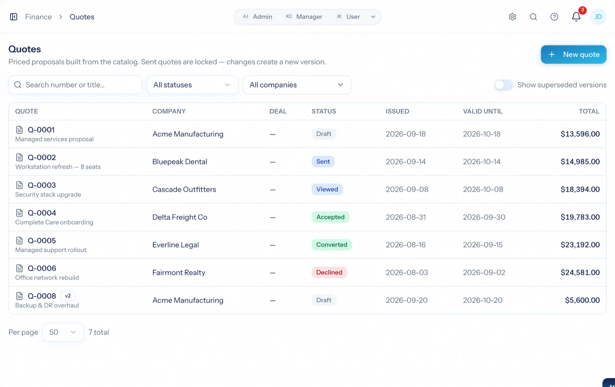 The quotes list with number, client, status, totals and validity