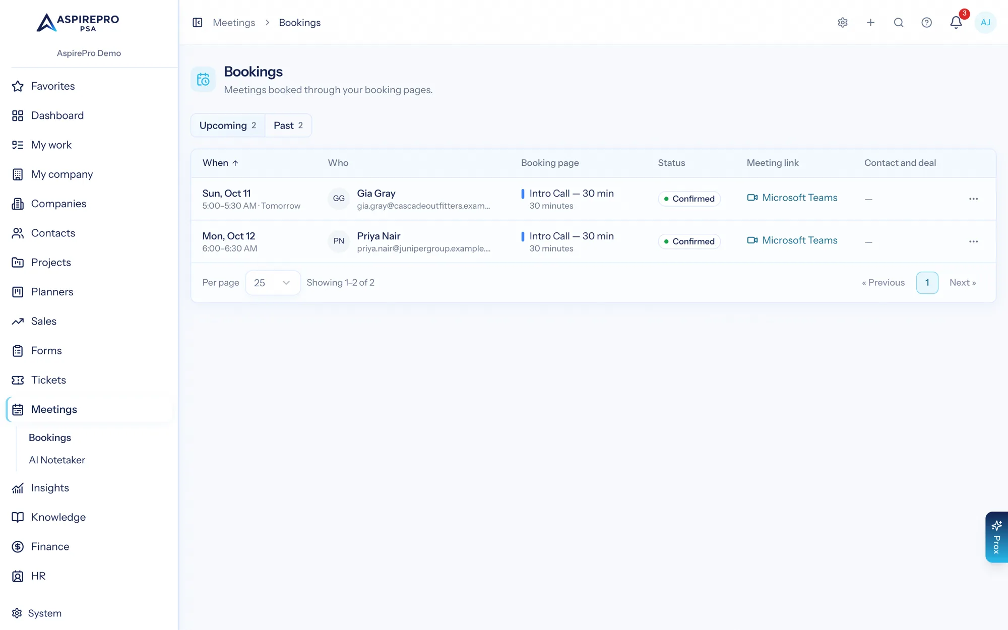 The bookings list showing upcoming meetings with invitee, time, status and deal links
